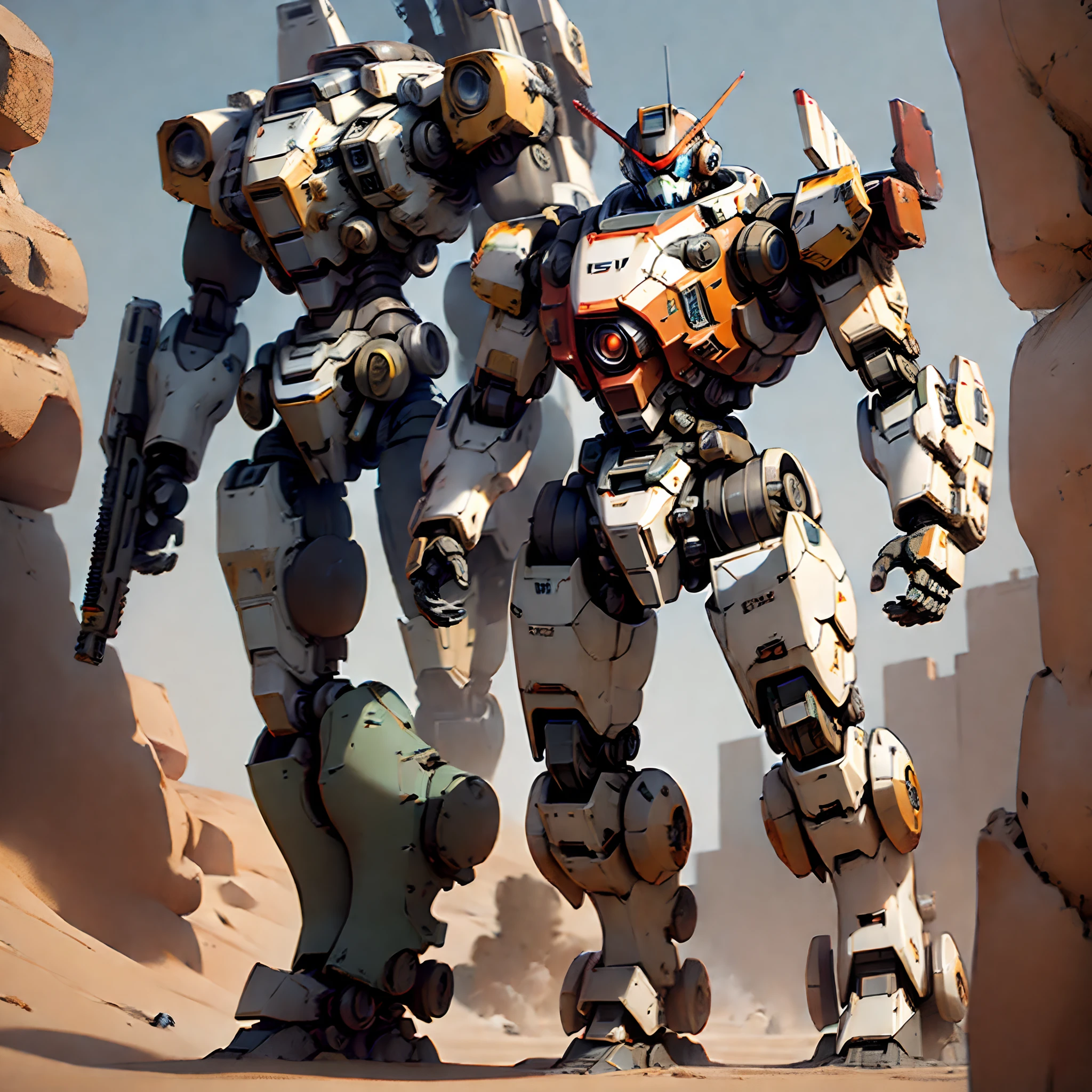 ((Mecha Space, Amored Core 6)), combatendo em um deserto com ruinas, ((corpo inteiro)), mecha estilo jogo titanfall, Gunda pavio