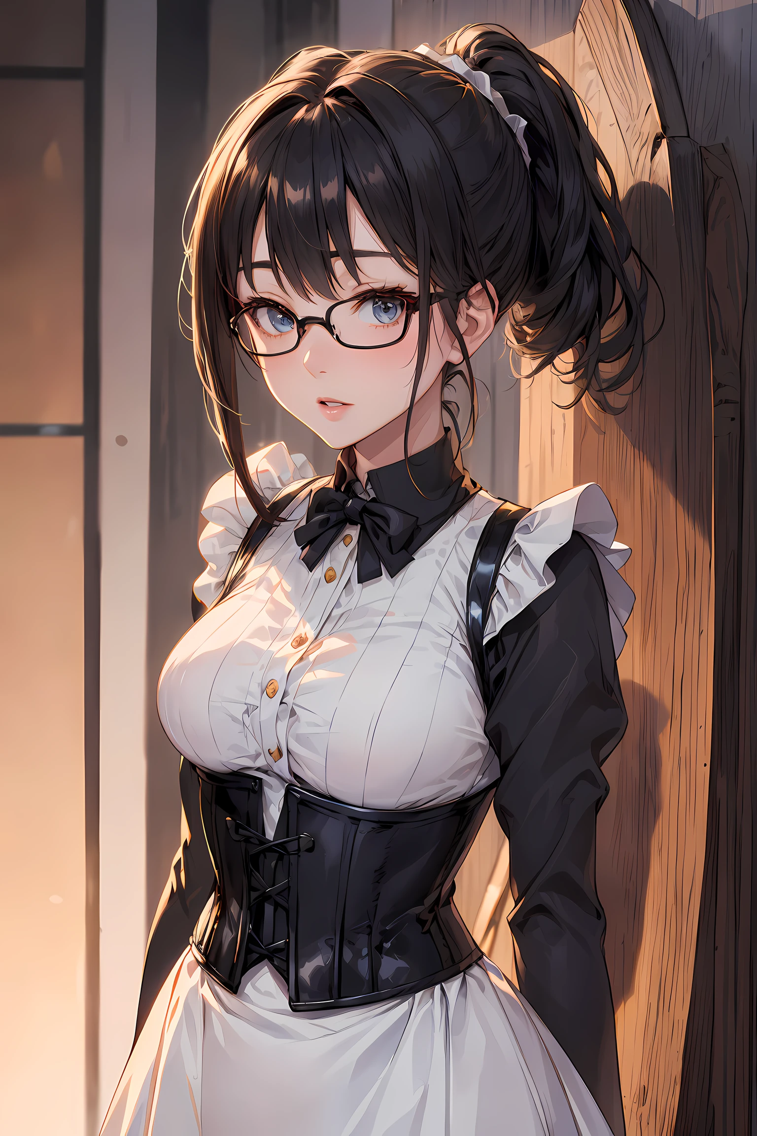 (1glasses girl:1.3, solo), (Audrey Hepburn:1.3), (a extremely pretty and beautiful Japanese woman), (sexy girl), (professional attire:1.3), (22 years old: 1.1), (from below:1.3), (low angle:1.3), (ground level shot:1.3), (girl on top:1.3), (arms behind back between legs:1.3), (attractive random posing:1.3), (in the queen's room:1.3), (look down:1.3), (starring at you:1.3), (front view:1.3), break, (ponytail:1.3), (shiny-black thin hair:1.2), bangs, dark brown eyes, beautiful eyes, princess eyes, (big eyes:1.3), bangs, wearing a glasses:1.3, Hair between eyes, short hair:1.3, (slender:1.1), (small-medium-breasts:0.95), (thin waist: 1.15), (detailed beautiful girl: 1.4), Parted lips, Red lips, full-make-up face, (shiny skin), ((Perfect Female Body)), (upper body image:1.3), Perfect Anatomy, Perfect Proportions, (most beautiful Korean actress face:1.3, extremely cute and beautiful Japanese actress face:1.3), BREAK, (View viewer, wearing a embroidery frills sexy maid uniform, (insanely detailed classical maid outfit:1.3), (white collared shirt:1.3, long-sleeve:1.3), (corset:1.3), (white apron:1.3), (black high-waist-jumper-skirt:1.3), detailed clothes, BREAK, (detailed classy queen's room background:1.2), (dark background), (Studio soft lighting: 1.3), (fake lights: 1.3), (backlight: 1.3), BREAK, (Realistic, Photorealistic: 1.37), (Masterpiece, Best Quality: 1.2), (Ultra High Resolution: 1.2), (RAW Photo: 1.2), (Sharp Focus: 1.3), (Face Focus: 1.2), (Ultra Detailed CG Unified 8k Wallpaper: 1.2), (Beautiful Skin: 1.2), (pale Skin: 1.3), (Hyper Sharp Focus: 1.5), (Ultra Sharp Focus: 1.5), (Beautiful pretty face: 1.3), (super detailed background, detail background: 1.3), Ultra Realistic Photo, Hyper Sharp Image, Hyper Detail Image,