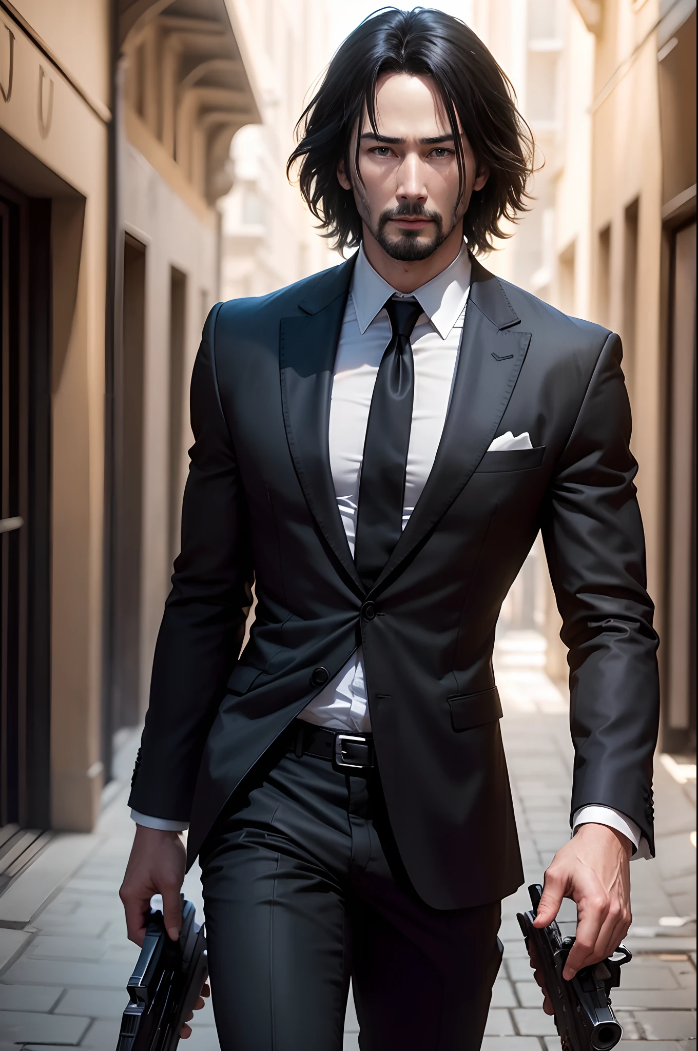 8K,Photorealsitic Raw photography top-quality;1.4) (1 adult male) Super handsome Keanu Reeves(Lifelike face) Holding a handgun in a black suit White cutter shirt and black tie Short bob with dark eyes and black hair wild glares Holding a handgun Cinematic battle scenes Beautiful expression 超A high resolution A hyper-realistic real looking skin Snipe Ultra-precise handgun details In a large ruin