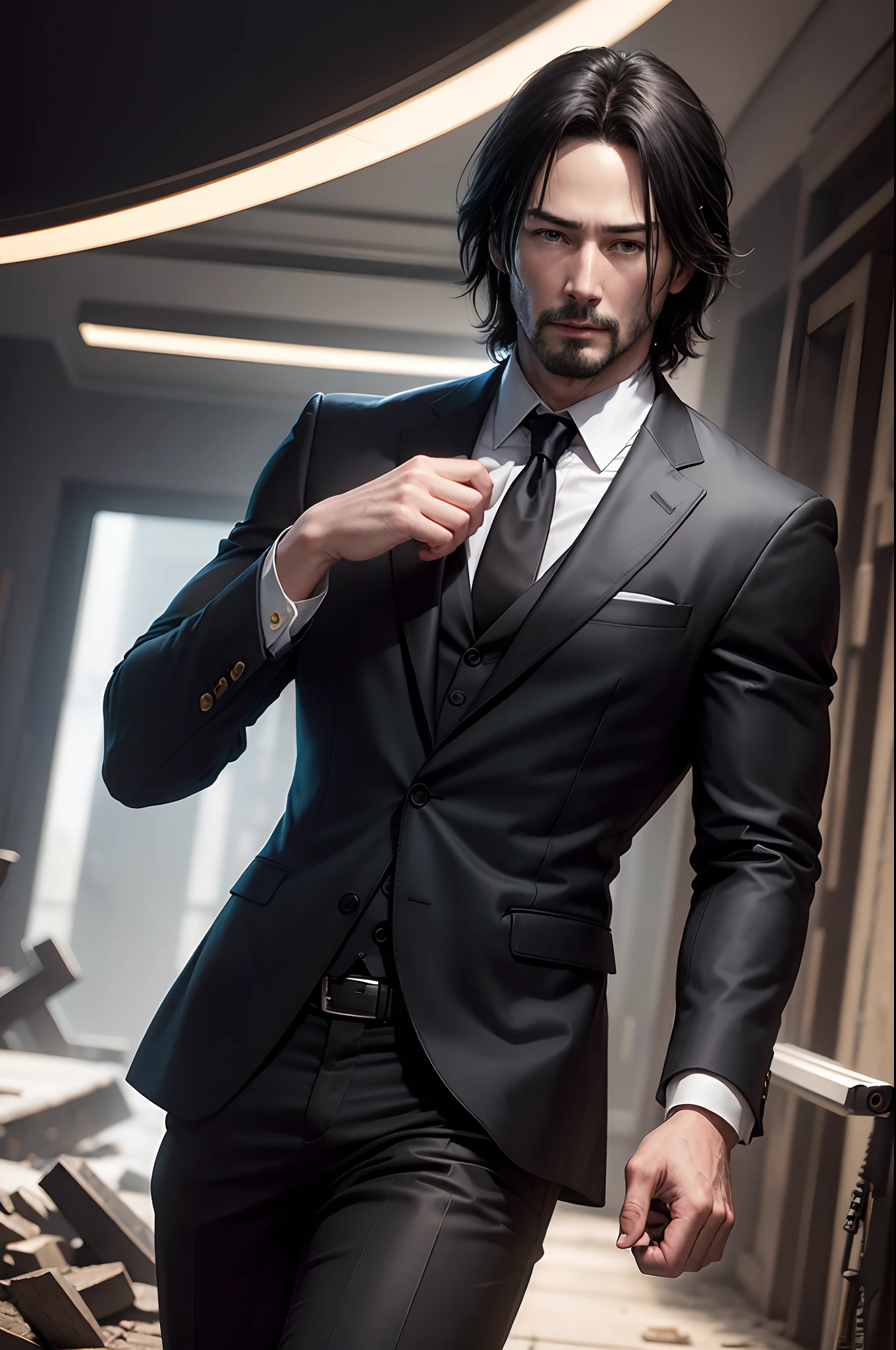 8K,Photorealsitic Raw photography top-quality;1.4) (1 adult male) Super handsome Keanu Reeves(Lifelike face) Holding a handgun in a black suit White cutter shirt and black tie Short bob with dark eyes and black hair wild glares Holding a handgun Cinematic battle scenes Beautiful expression 超A high resolution A hyper-realistic real looking skin Snipe Ultra-precise handgun details In a large ruin