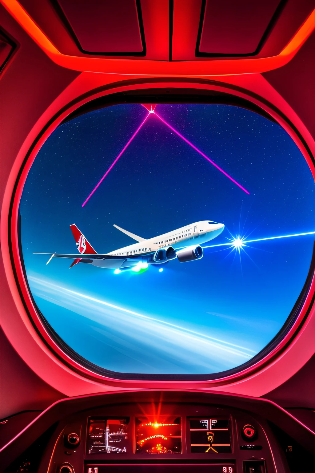 an airplane flying, a laser light coming from outside, on the windshield, view from inside, mobile, 4k