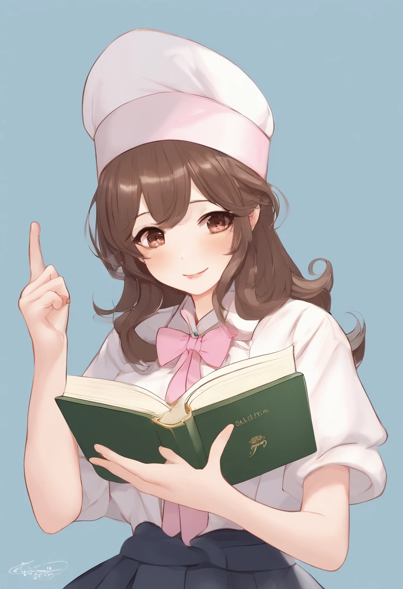 (Daisaku),(Need),(Super meticulous),(full bodyesbian:1.2),1girll,tchibi,adolable,ssmile,open-mouth smile,Light blue background,Raise your right hand,Holding pencil in hand,Holding a book in his left hand,music,Pink berets,Manteau,The shirt,short detailed hair,green headwear,Blurred,brunette color hair,longer sleeves,By bangs,Earphone,brunette color hair,(beautiful detailed face),(美丽细致的眼睛),