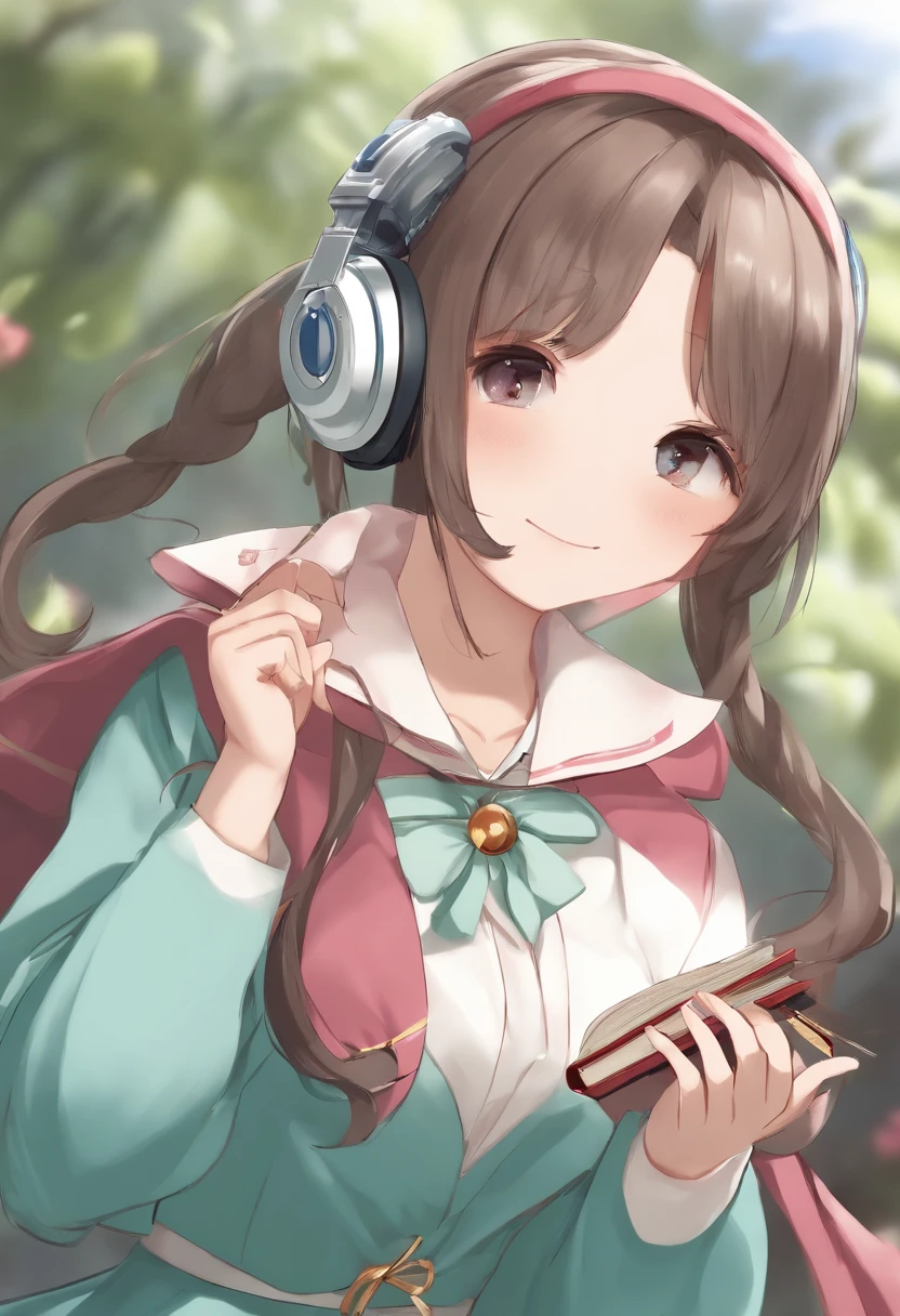 (Daisaku),(Need),(Super meticulous),(full bodyesbian:1.2),1girll,tchibi,adolable,ssmile,open-mouth smile,Light blue background,Raise your right hand,Holding pencil in hand,Holding a book in his left hand,music,Pink berets,Manteau,The shirt,short detailed hair,green headwear,Blurred,brunette color hair,longer sleeves,By bangs,Earphone,brunette color hair,(beautiful detailed face),(美丽细致的眼睛),