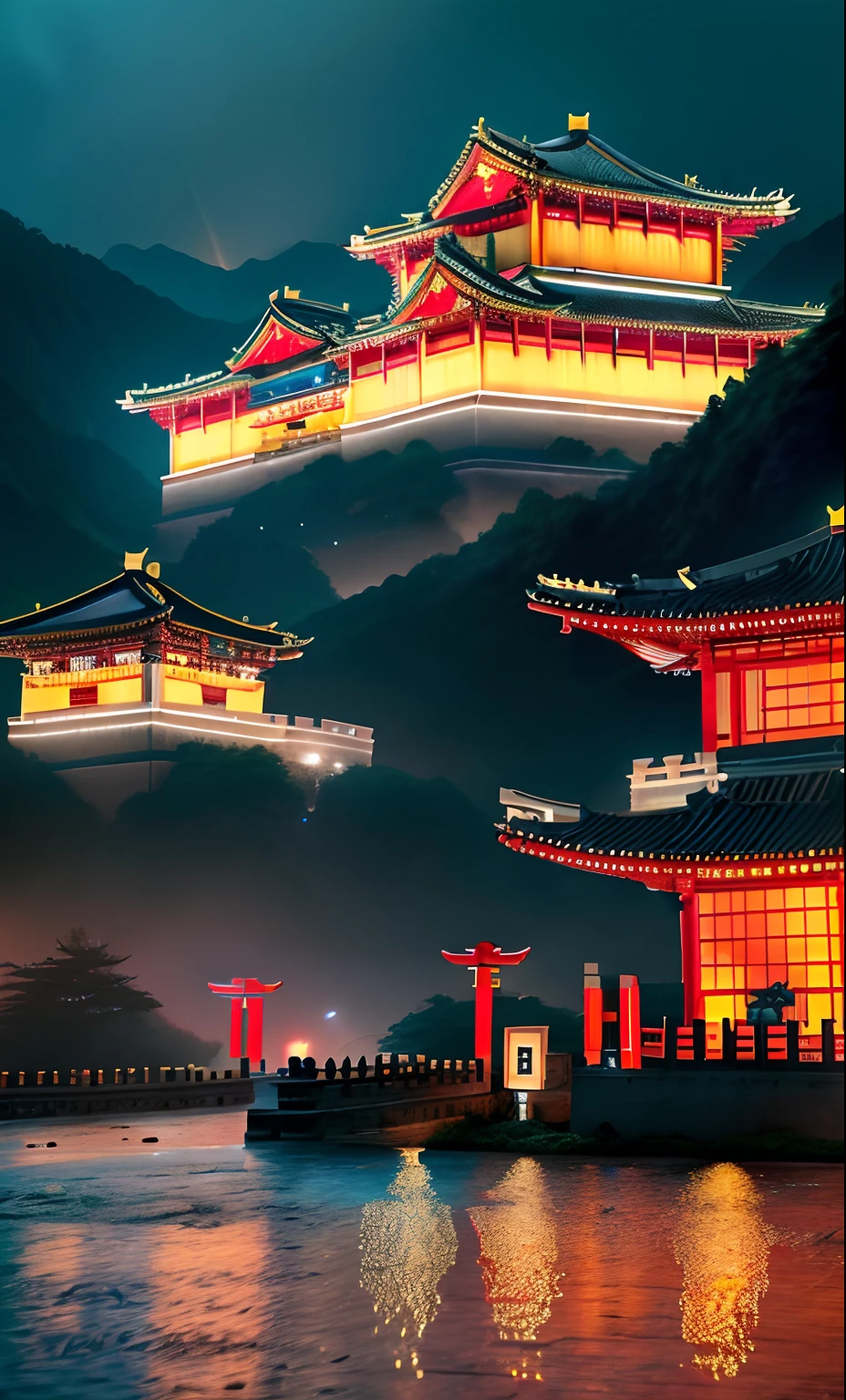 Arafed view of a village,a lot of lights on the buildings,dreamy Chinese towns。On the left is a road on a stone mountain, There's a guy looking to the right on it。Chinese village,Amazing wallpapers,A Japanese town,Japanese village,surreal photo of a small town,old asian village,Japan city,Raymond Han,rainy evening, Cyberpunk ancient Chinese castle, Well-lit building, In the evening in the rain, Beautiful and aesthetic, photography of, cinematic ligh, 8K, high detal ((very heavy rain)))