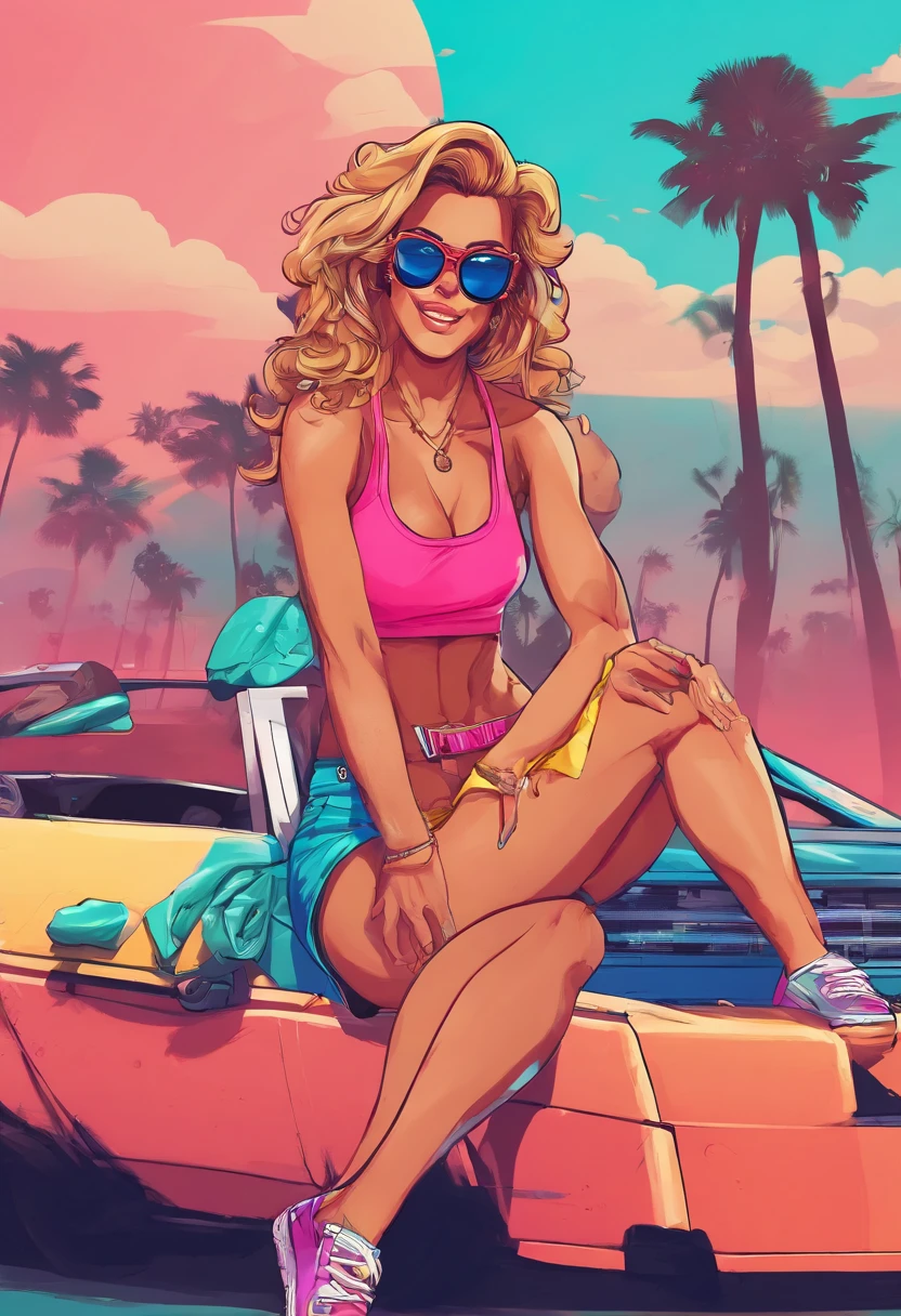 Masterpiece, Best Quality, suntanned skin, looking a viewer, sports clothing, leggins, sitting, bare footed, Simple background with logo, From Bottom, Sunglasses,