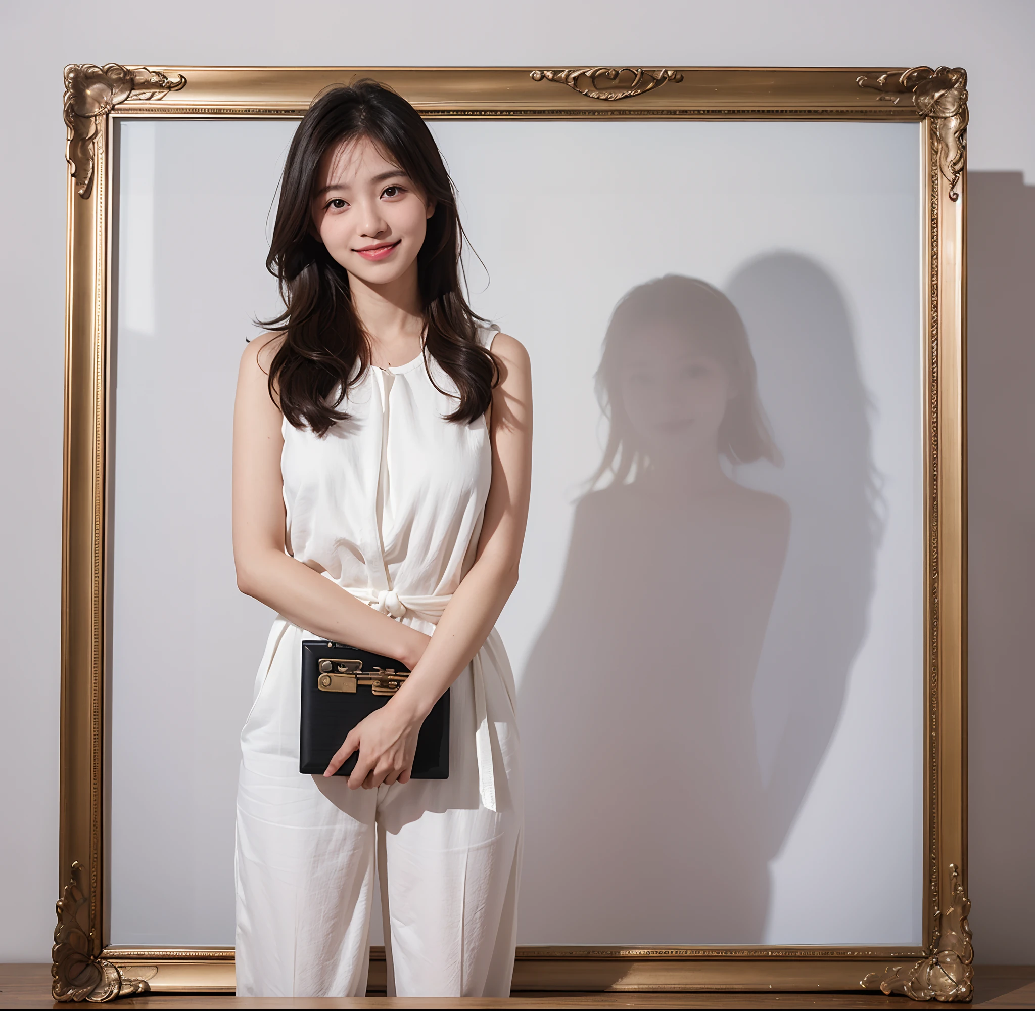 1 slender girl, bangs, holding clipboard, smiling, with staff, cinematic lighting, (8k, masterpiece, top quality, raw photo), action
