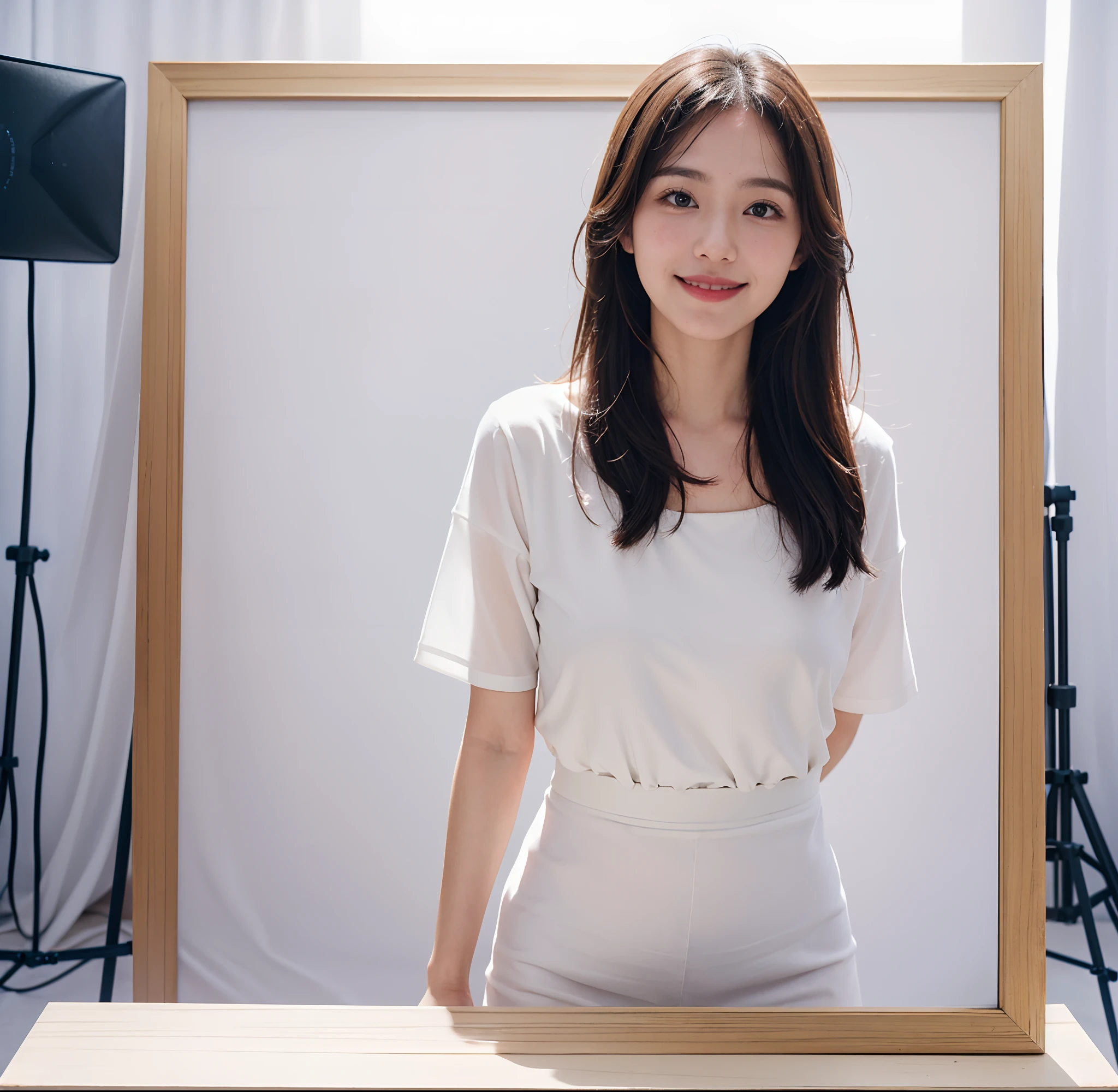 there is a woman holding a picture frame with a message on it, in front of white back drop, photo booth, full protrait, studio photoshot, light frame, friedly smile, portrait photo of a backdrop, photo product, perfume, protrait, ayaka, studio shot, product introduction photos, eva, ai yazawa, diy