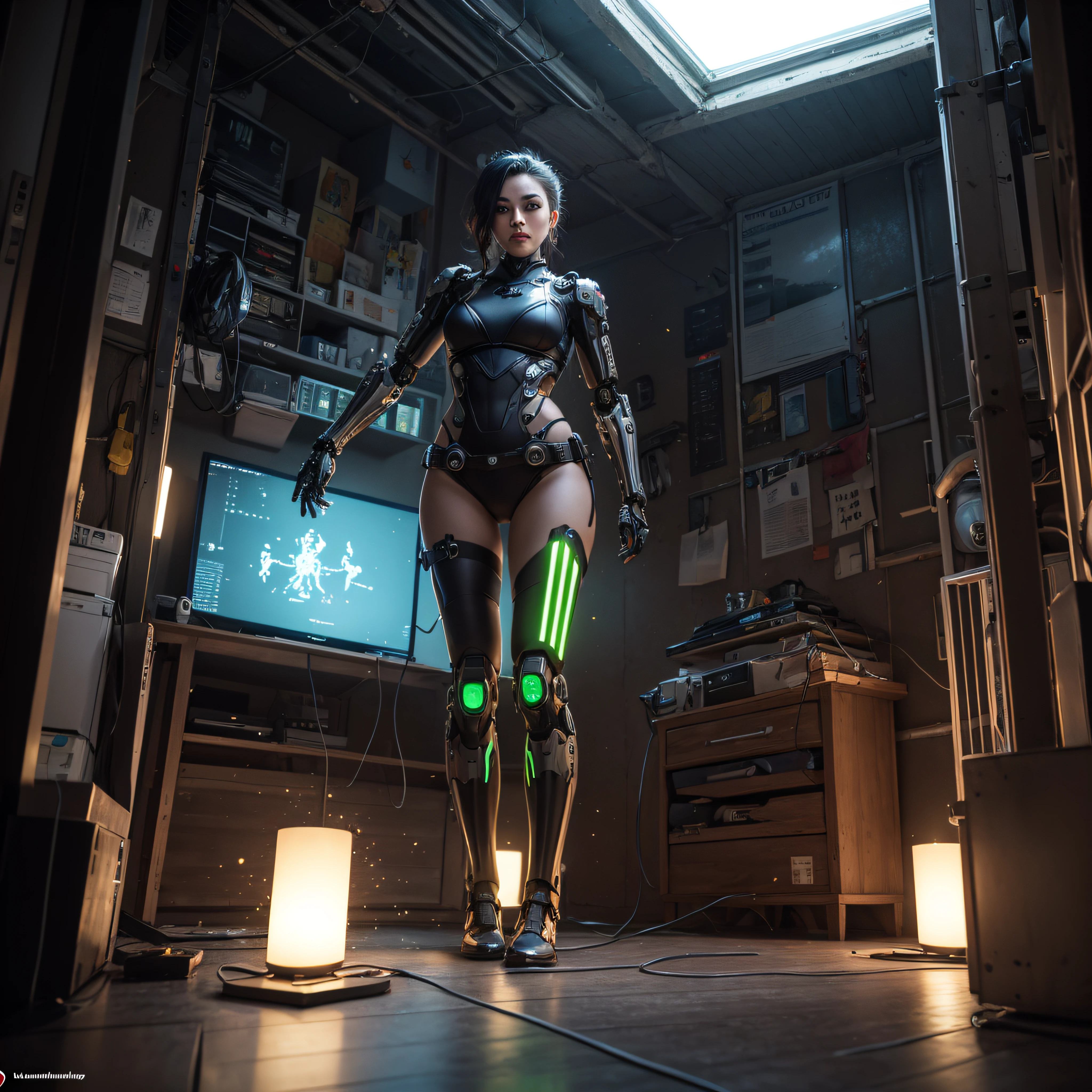 ((calidad superior)), ((obra maestra)), ((realista)), (Los detalles), (fotorrealista:1.5), puppet, marioneta de nadera humanoides tendidos en un piso de concreto, Science-Fiction, HDR, Trazado de rayos, NVIDIA RTX, Los ultra-Highres, Irreal 5, Sub-Surface Scatterring, PBR texturizado, Post-procesamiento, Anisotropic filtering, Profundidad de campos, maximum sharpness and sharpness, Regla de los tercios、8K RAW、(Luminescent Particles:1.4)、(super-detailed CG、Unidad 8k Fondos de pantalla、lighting like a movie、destello de lente、foco nítido、Girl with green lingerie in robotic parts, Cannons, Armas, fusil, Arte cyberpunk、arquitectura cyberpunk