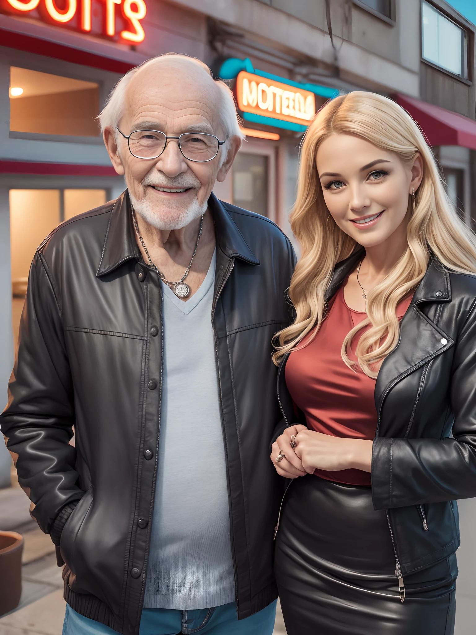 One beautiful smiling blond woman in a red sexy dress, an elderly man with a black beard and a black jacket is standing next to her, the background is a night motel with parked motorbikes next to it, high detail of the face, 8k --auto --s2