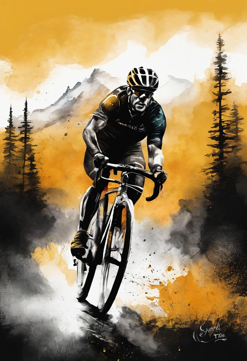 logo para ciclismo de montanha, montanha no fundo, lobo feroz na frente, metalico, dourado e preto,