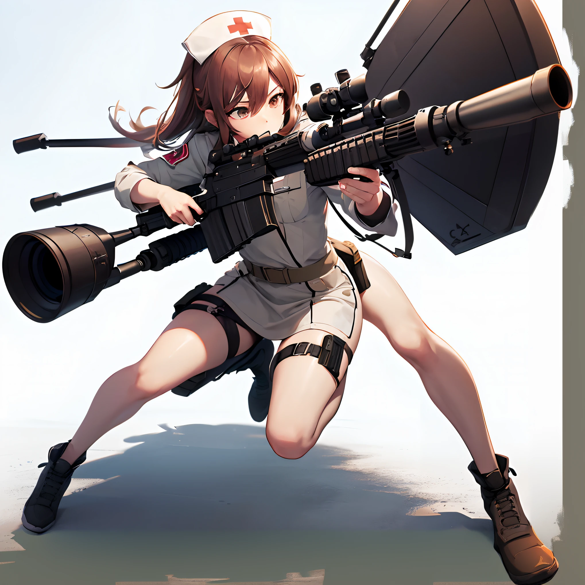Illustration style, game character, ((female sniper aiming at enemy)), ((military uniform)), masterpiece, cute, beautiful, ((full body)), white background, 8K, ((nurse)), unique, ((2D)), serious face