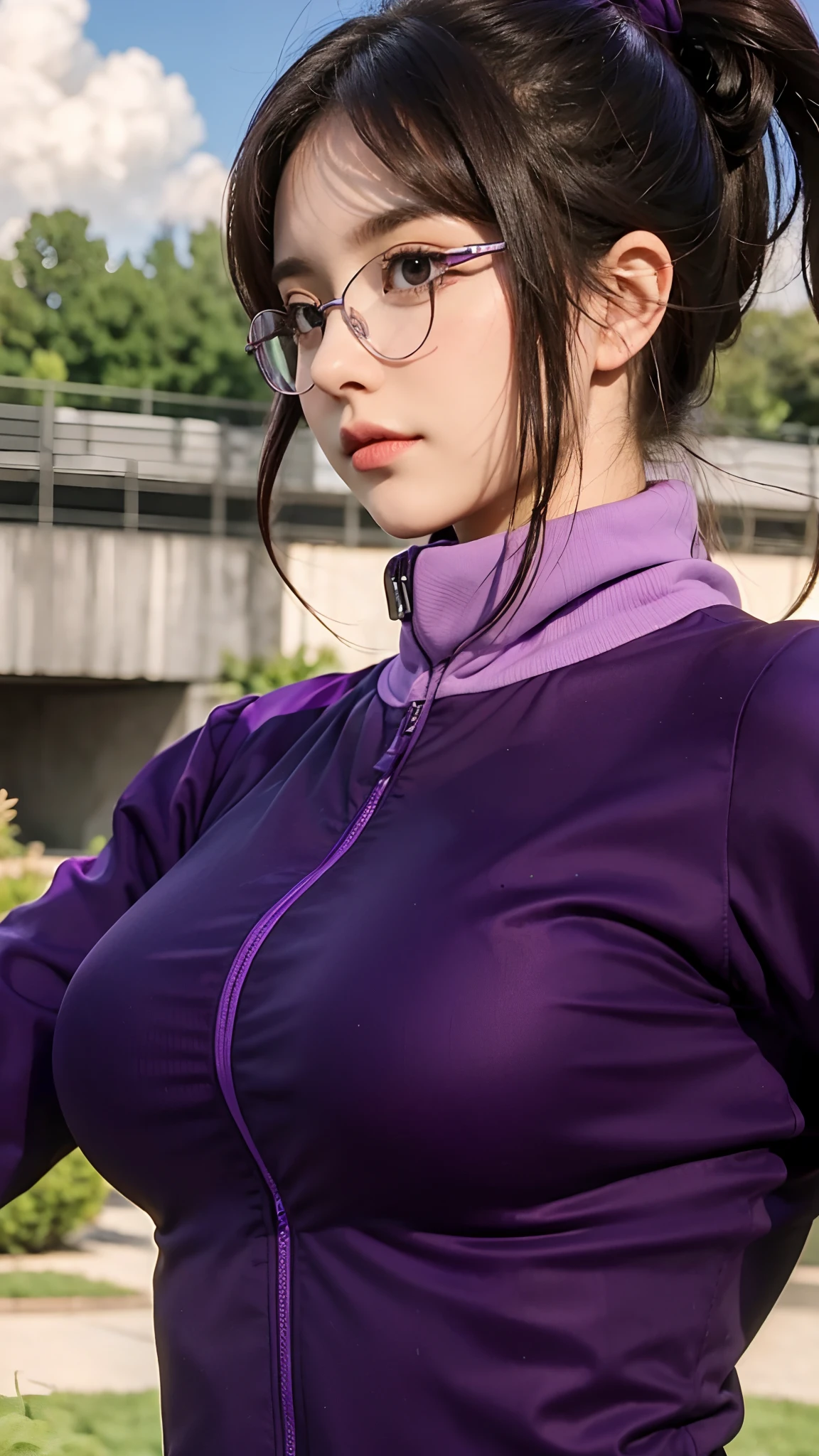 masterpiece, best quality, 1girl,,big breasts,long hair,sacramento colours hair,brown eyes,purple suiter,purple eye glasses