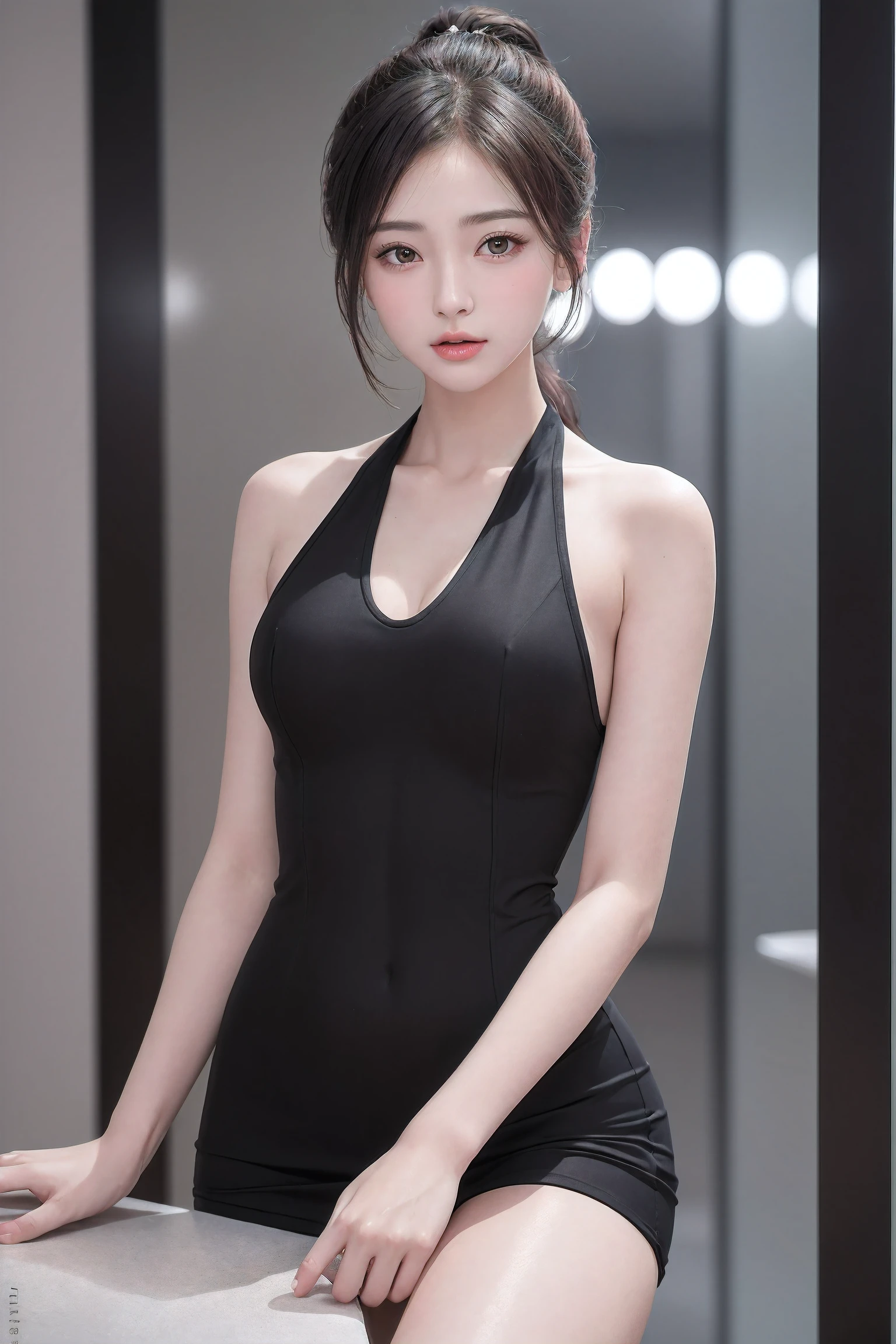 (((1ponytail hair girl:1.3, solo))), (a extremely pretty and beautiful milf:1.3), (22 years old: 1.1), (standing;1.3), (hands between knees:1.3), (from below:1.3), (low angle:1.3), view viewer, (in the small showcase made of glass:1.3),
break,
(up-ponytail:1.3), (shiny-black thin hair:1.2), bangs, dark brown eyes, beautiful eyes, princess eyes, bangs, Hair between eyes, short hair:1.3, slender, (gigantic breasts:1.3, sagging breasts:1.3, disproportionate breasts;1.3), (thin waist: 1.3), (detailed beautiful girl: 1.4), Parted lips, Red lips, full-make-up face, (shiny skin), ((Perfect Female Body)), (upper body Image:1.3), Perfect Anatomy, Perfect Proportions, (most beautiful Asian actress face:1.3, extremely cute and beautiful Korean idol face:1.3), (seductive emotion:1.3), (blowjob face:1.3, open mouth:1.3),
BREAK,
(wearing a black luxury formal skin tight dress:1.3), (halter-neck dress:1.3), (barefoot:1.3), detailed clothes,
BREAK,
showroom effect, staged compositions, polished presentation, sleek visuals, idealized environments, aspirational design,
BREAK,
(Realistic, Photorealistic: 1.37), (Masterpiece, Best Quality: 1.2), (Ultra High Resolution: 1.2), (RAW Photo: 1.2), (Sharp Focus: 1.3), (Face Focus: 1.2), (Ultra Detailed CG Unified 8k Wallpaper: 1.2), (Beautiful Skin: 1.2), (pale Skin:1.3), (Hyper Sharp Focus: 1.5), (Ultra Sharp Focus: 1.5), (Beautiful pretty face: 1.3), (super detailed background, detail background: 1.3), Ultra Realistic Photo, Hyper Sharp Image, Hyper Detail Image,