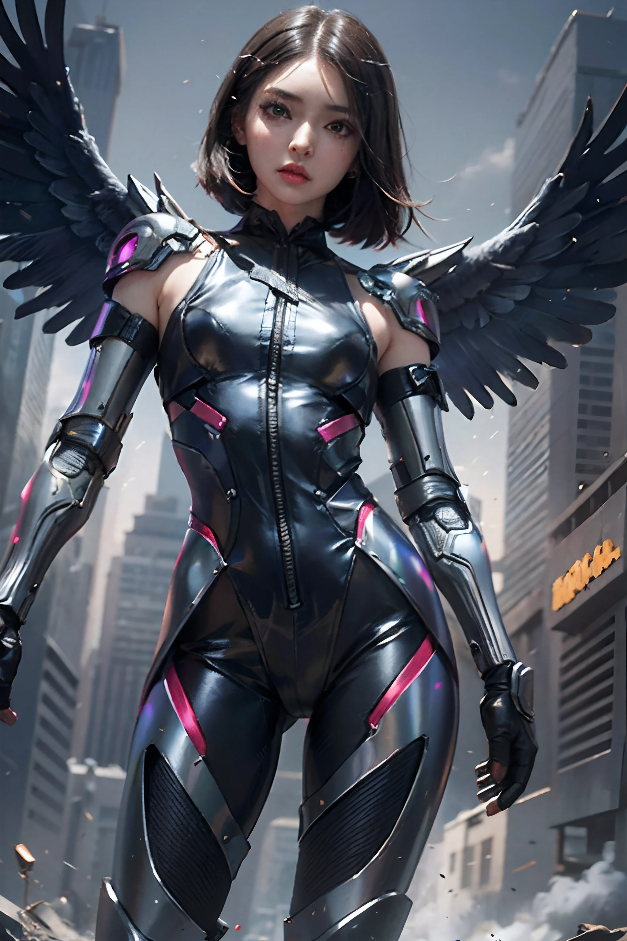 (8K), Highly detailed face,Masterpiece, Pretty girl, Huge black cyborg wings, The wings have neon lights, Wings spread,, Wearing tight metal armor, Metal belt, Electronic armor elements, 20yr old, The skin under the suit has glowing lines, shoulder-length black hair, A cyborg human eye, Standing upright, Serious expression, Cinematic lighting, Burning cyberpunk city in the distance, Flat chest，tightsuit