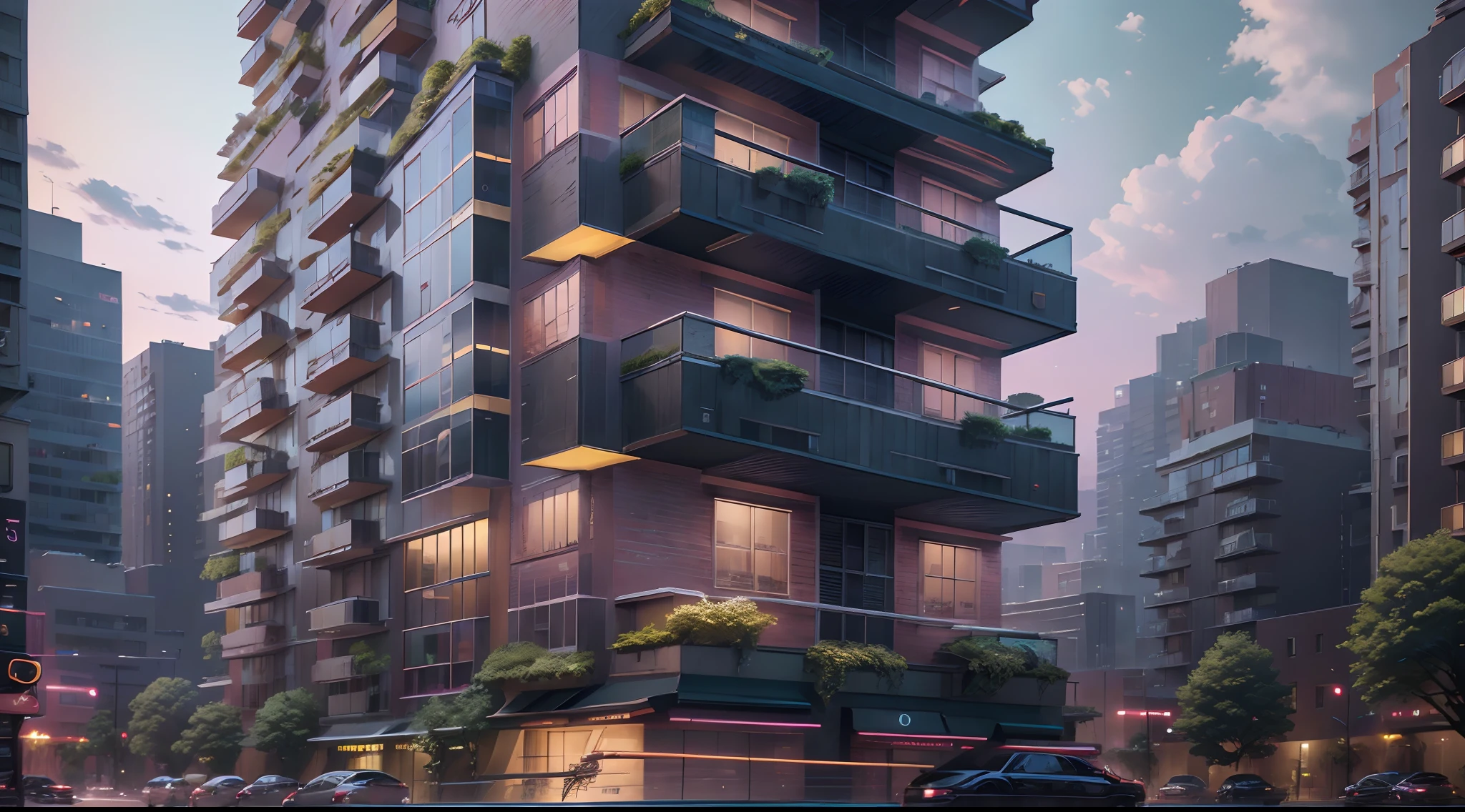 An apartment in the middle of the city of Japan, facing the building, greenery around the city streets, tall buildings, night time with bright stars, signs, warm lights, indicating a very special apartment. (best quality,4k,8k,highres,masterpiece:1.2), ultra-detailed, (realistic,photorealistic,photo-realistic:1.37), HDR, UHD, sharp focus, professional, vivid colors, landscape, anime, photography, (modern, traditional) style, (calm, colorful) color palette, (ambient soothing) lighting, perfect for a thumbnail, eye catching
