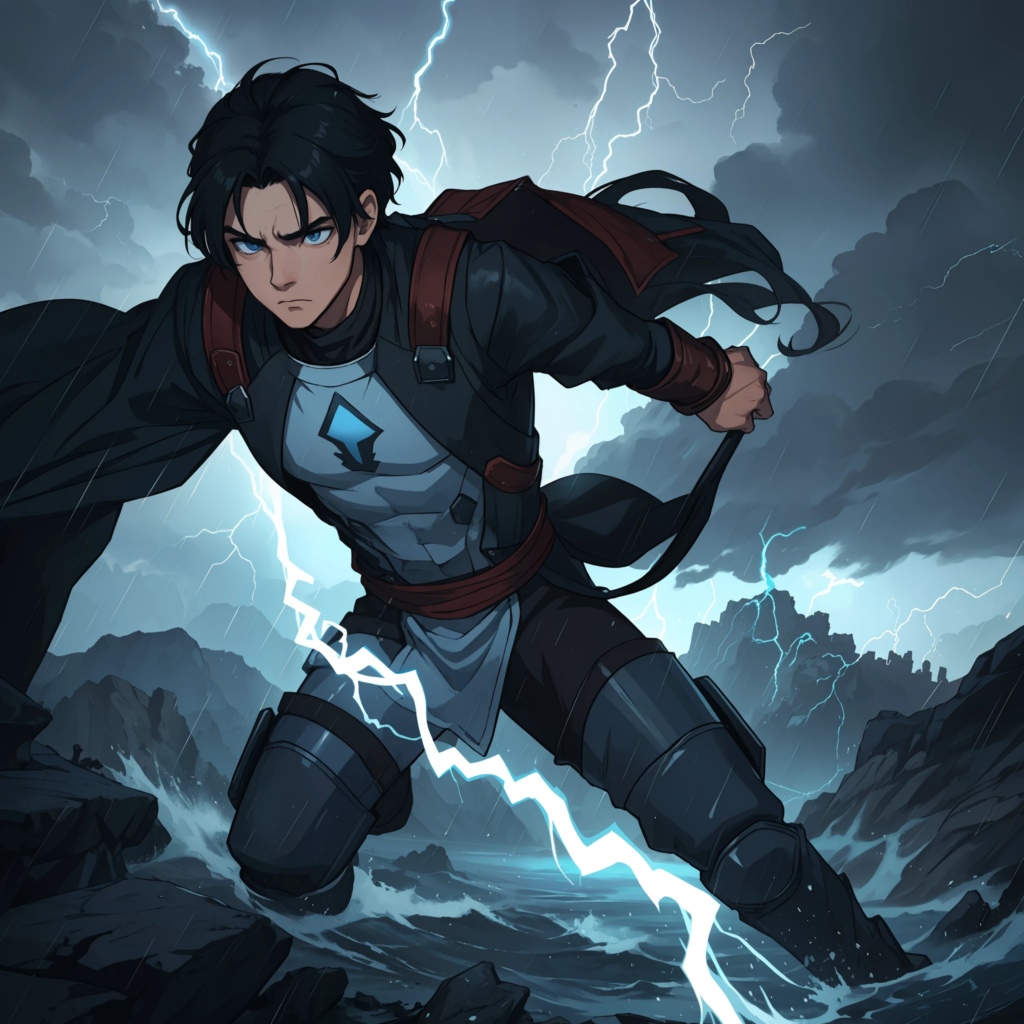 A handsome young man with blue eyes and medium-sized black hair, como um corte de cabelo na altura da orelha, corte com cabelo igual ao do Itachi Uchiha, mas com a lateral do cabelo raspada, This young man is a warrior, He wears a battle suit and is in the middle of a storm, no topo de uma montanha, Like a Prince of Thunder, the sky lit by lightning in the storm, electricity by his thunder magic body he is like a thunder god: Como Thor, He's a age warrior, magical dark sky, nuvens negras no meio de uma tempestade, water, Rain and Thunder An Art for an RPG A Medieval Art for an RPG