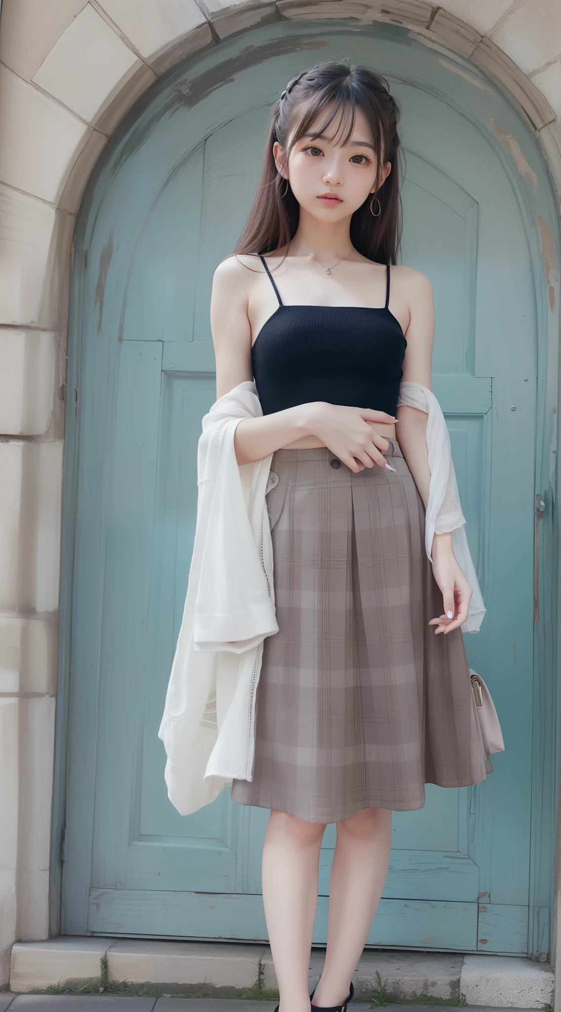 (Super masterpiece、Ultra-realistic、An ultra-high picture quality、超A high resolution、Raw photography、ultra hi definition photo、Super Sharp Focus)、(Clock tower in front of the station)、(Cute gestures with playful eyes)、(23years old、fair white skin、Beautiful japanese girl)、(Super beautiful idol face、二重まぶた、Chignon Hair、brownish hair color、Ultra-slender body type、gingham check long skirt dress、Black knitted tights、Thin leg、thin arm)
