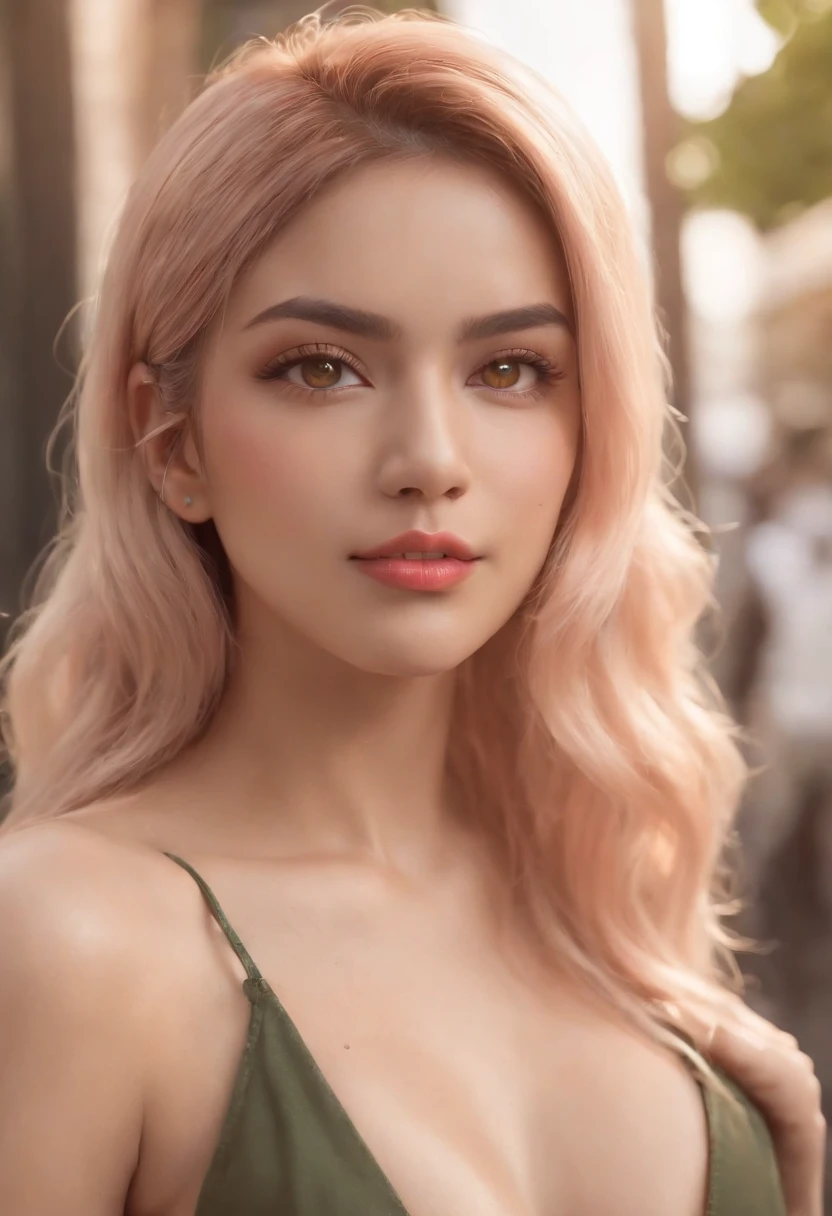 (obra maestra, La mejor calidad, arte hermoso:1.4) ((Chica anime)), Ciudad japonesa, arte digital, tendencias en Artstation, 4k, High detail, high resolusion, Pintura profesional, Ultra-detalle, HDR, 4K UHD, 8k, Motor Unreal 5, Kinematic, neon highlights, volumetric illumination, sombras realistas, Reflexiones, Motor Unreal 5, cinematic wallpaper, 8k, (NSFW), (Fluoride yellow hair:1.3), ((Green eyes with fluoride)), pechos grandes, pechos esponjosos, Thicc, (brown skin:1.3), ((sonrisa:1.3)), (((bashful))), ((sosten de encaje rosado:1.4)), (Cara perfecta:1.5), (labios perfectos:1.4), (Thicc:1.2), NSFW, (piel morena:1.3), (brown skin:1.4)