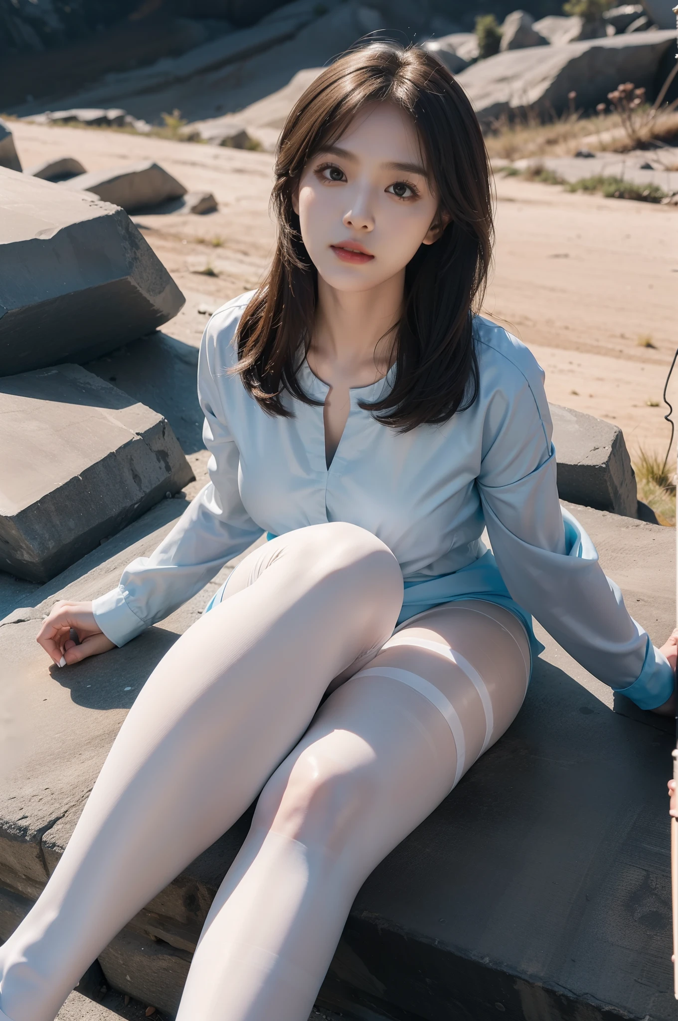 (s whole body:1.5),(1Girl:1.3),(looking up at viewer:1.4),(Anatomical accuracy:1.4),(Sitting on the top of the mountain:1.2),(Wearing a nurse set:1.2),(Opaque pantyhose:1.3),( The girl has thick heels pointed and pointed. :1.1),(A precise and perfect face:1.3),(Long leg:1.3),Hyper HD, Ray traching, reflective light, Structurally accurate, Award-Standing, High Detail, Lightens the contrast of shades, Face Lighting ,Cinematic lighting, Masterpiece, Super detailing, High Quality, High Detail, Best Quality, 16 k,High contrast,Beautiful girl in Korea.Bare skin ,underware