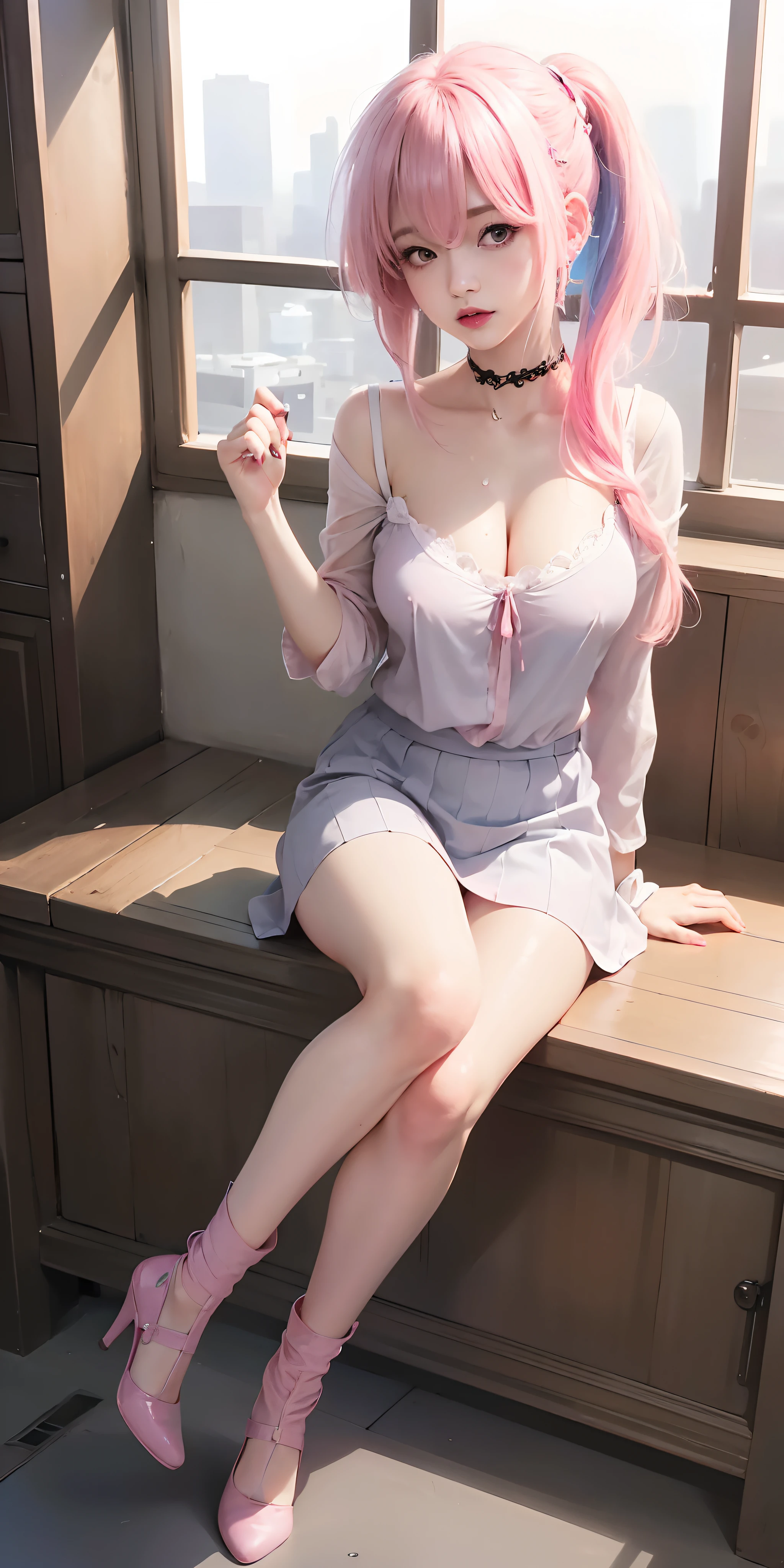 best quality, ultra high res, (photorealistic:1.4), 8k resolution, girl, (pink hair:1.3), (realistic hair:1.2), (Korean girl:1.2), (realistic eyes:1.2), (beauty face:1.3), perfect body, white pale skin, big breast, cleavage, , (eyes looked up:1.3), (wet body and thong:1.2),