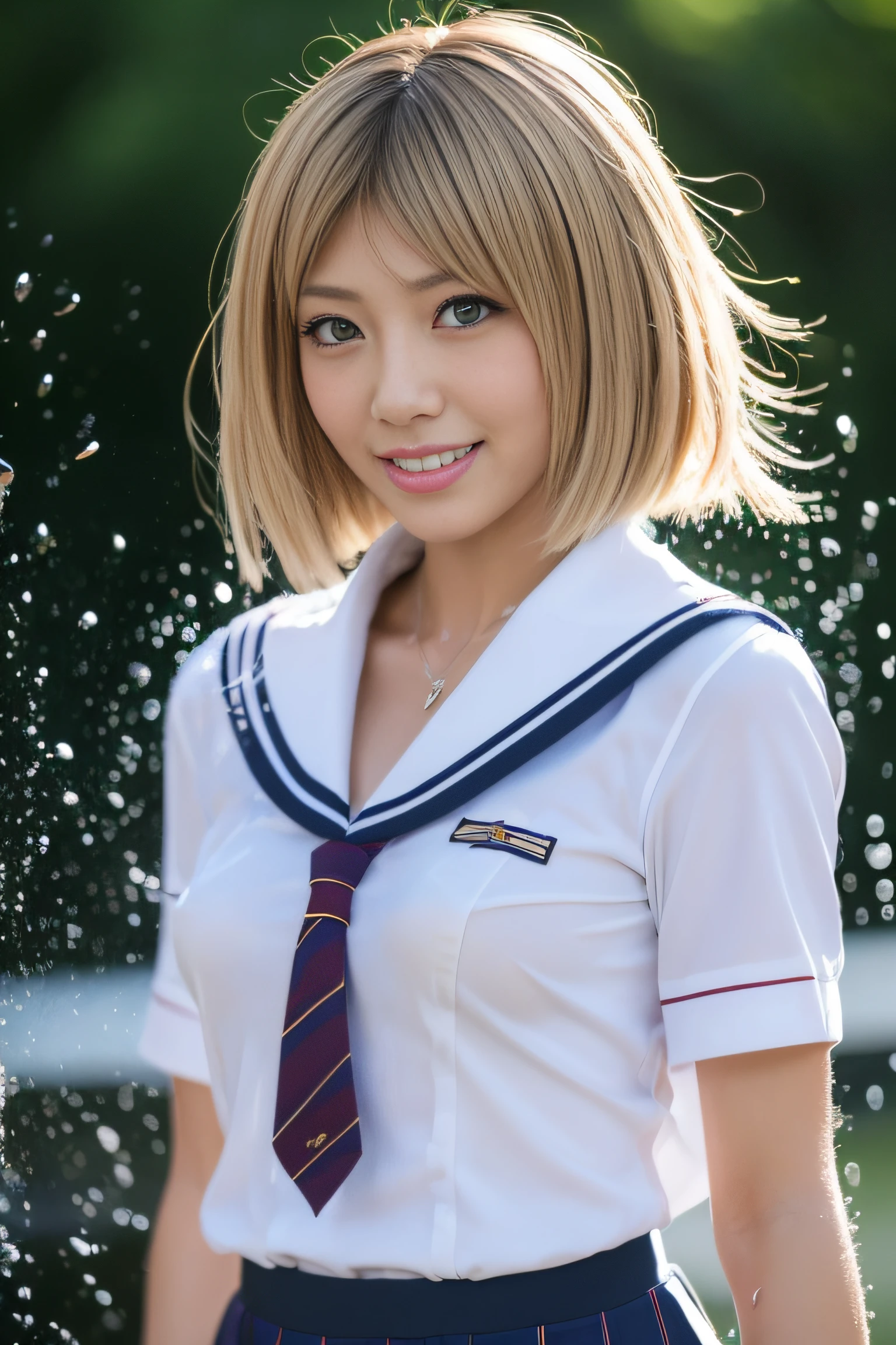 (masterpiece:1.2), ultra detailed, (realistic, photo realistic:1.37), high detail RAW color photo, professional photograph, extremely detailed, finely detail, extremely detailed face, extremely detailed eyes, extremely detailed skin, perfect anatomy, (Japanese famous actress:1.3), shortcut hair, (gyaru:1.45), (flat chest:1.4), Dynamic lighting, (splashing:1.4), (black background), (wet hair), (wet skin), (full body:1.35), (water drops), (school uniform:1.5), see through,