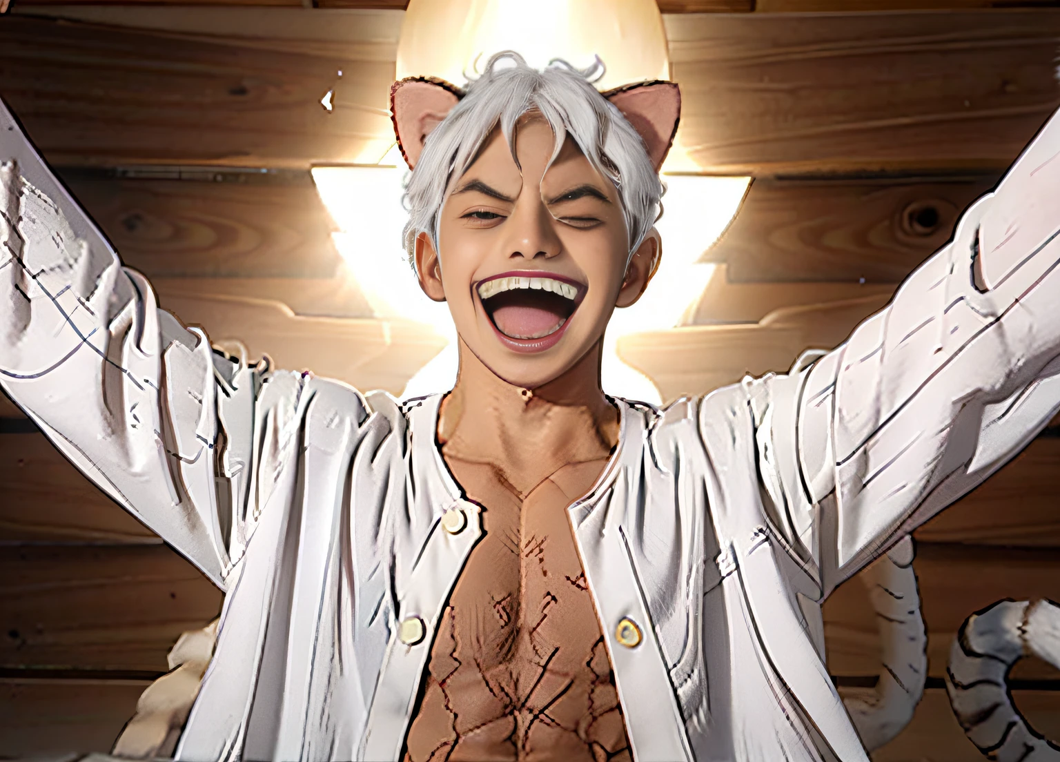 masutepiece, Best Quality, Beautiful lighting,(((cat ear)))、 Gear Fifth, Monkey D. Luffy, 1boy, Arms up, Closed eyes, Curly eyebrows, White hair, face to the viewer, foreshortening, Laughing, Long sleeves, Male Focus, Medium Hair, hair messy, motion line, Open your clothes, Open mouth, Open Shirt, studio, pectoral muscles, Scar, scar on cheeks, scar on chest, facial scar, Shirt, Solo, steam, tusk, Toned, Toned men, Upper body, White shirt, Thick eyebrows, White eyebrows, wanostyle