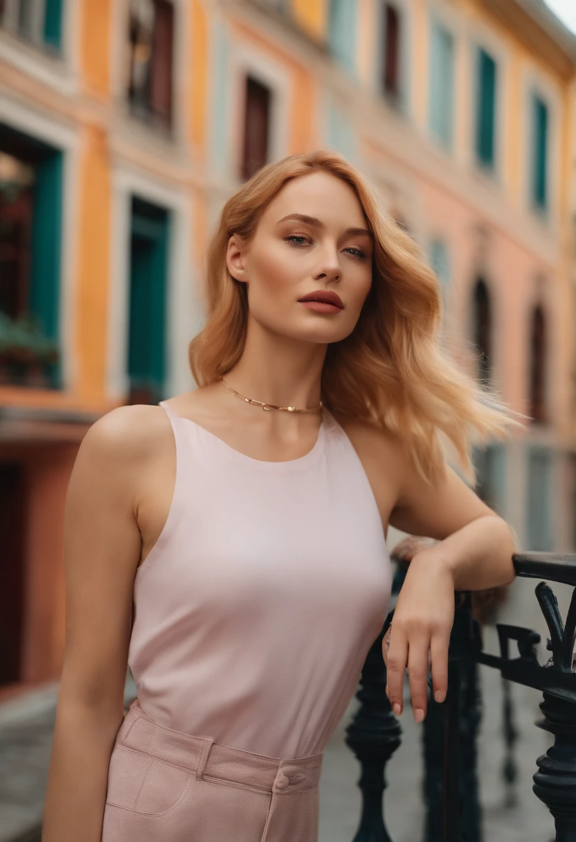 Create one Woman which is a mix of Sophie Turner and Jennifer Lawrence posing in front of iconic Vienna locations in summer outfit high neck tee, blushed, looking at the camera, colorful scene, midshot, focus on face, professional photography, ultra sharp focus, tetradic colors, detailed face