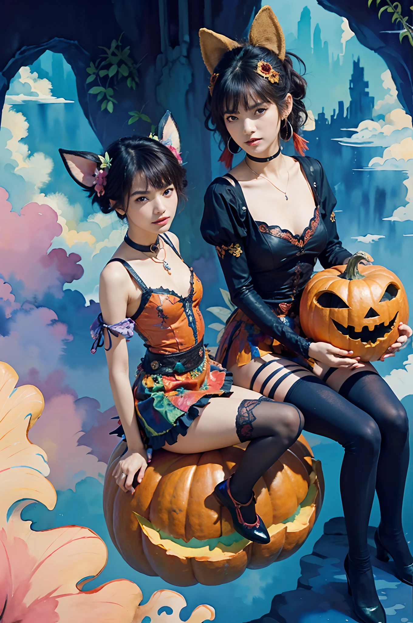 (Best quality,Masterpiece:1.2),(Alebriès Art Style), 
Break,
Several lesbians sat together (Giant pumpkin:1.2),Tutu dress,vivd colour,
Break,
fantasy world,fantasy,((Watercolor painting)),(Urzang-6500-V1 version.3,PureFace_V1,rendering by octane),Elegant Pose,xxmix girl woman,