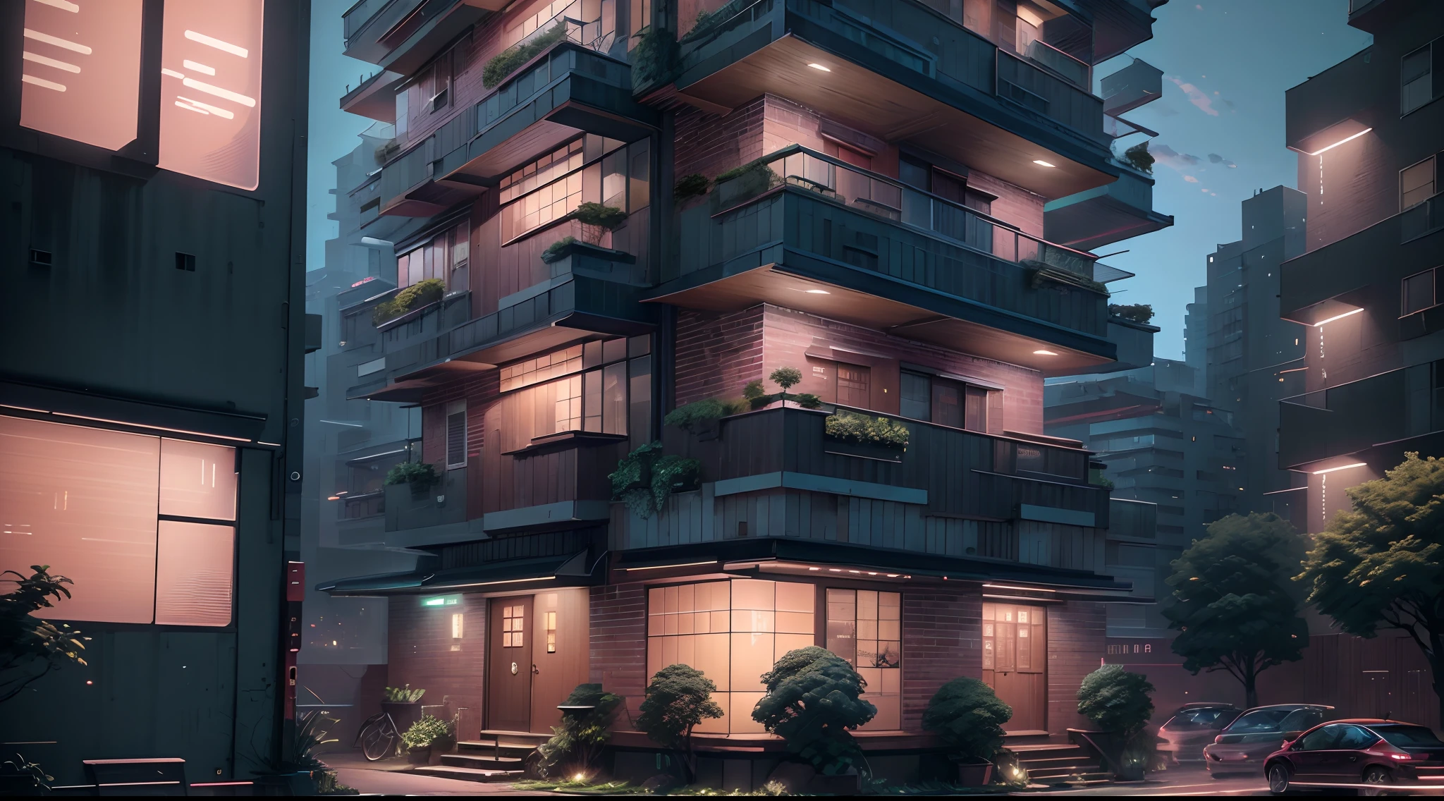 An apartment in the middle of the city of Japan, facing the building, greenery around the city streets, tall buildings, under the night sky, signs, warm lights, indicating a very special apartment (best quality,4k,8k,highres,masterpiece:1.2), ultra-detailed, (realistic,photorealistic,photo-realistic:1.37), HDR, UHD, sharp focus, professional, vivid colors, landscape, photography, (modern, traditional) style, (calm, colorful) color palette, (ambient soothing) lighting, perfect for a thumbnail, eye catching, soft neon