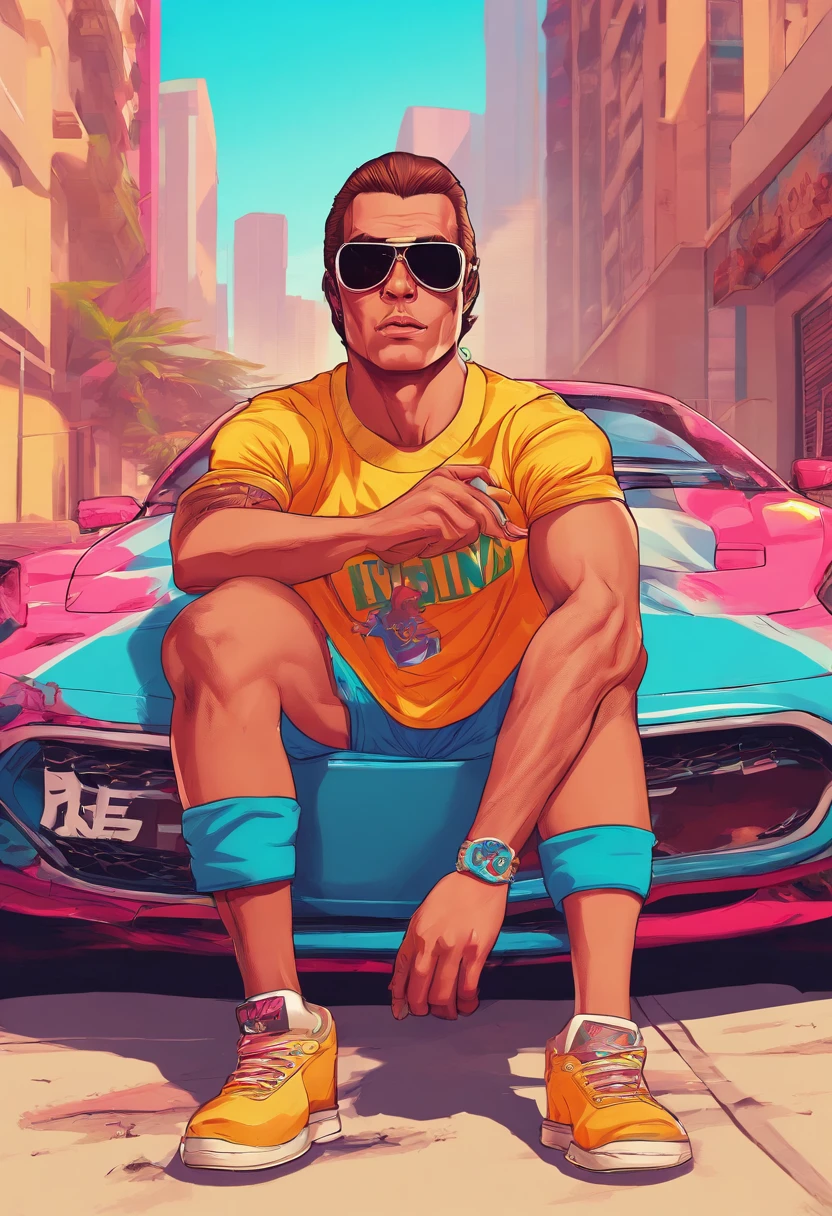 Masterpiece, Best Quality, suntanned skin, looking a viewer, sports clothing, leggins, sitting, bare footed, Simple background with logo, From Bottom, Sunglasses,