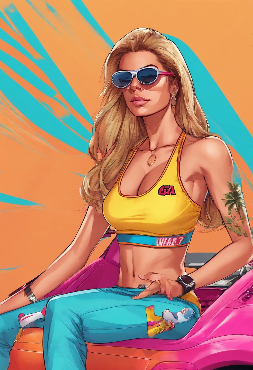 Masterpiece, Best Quality, suntanned skin, looking a viewer, sports clothing, leggins, sitting, bare footed, Simple background with logo, From Bottom, Sunglasses,