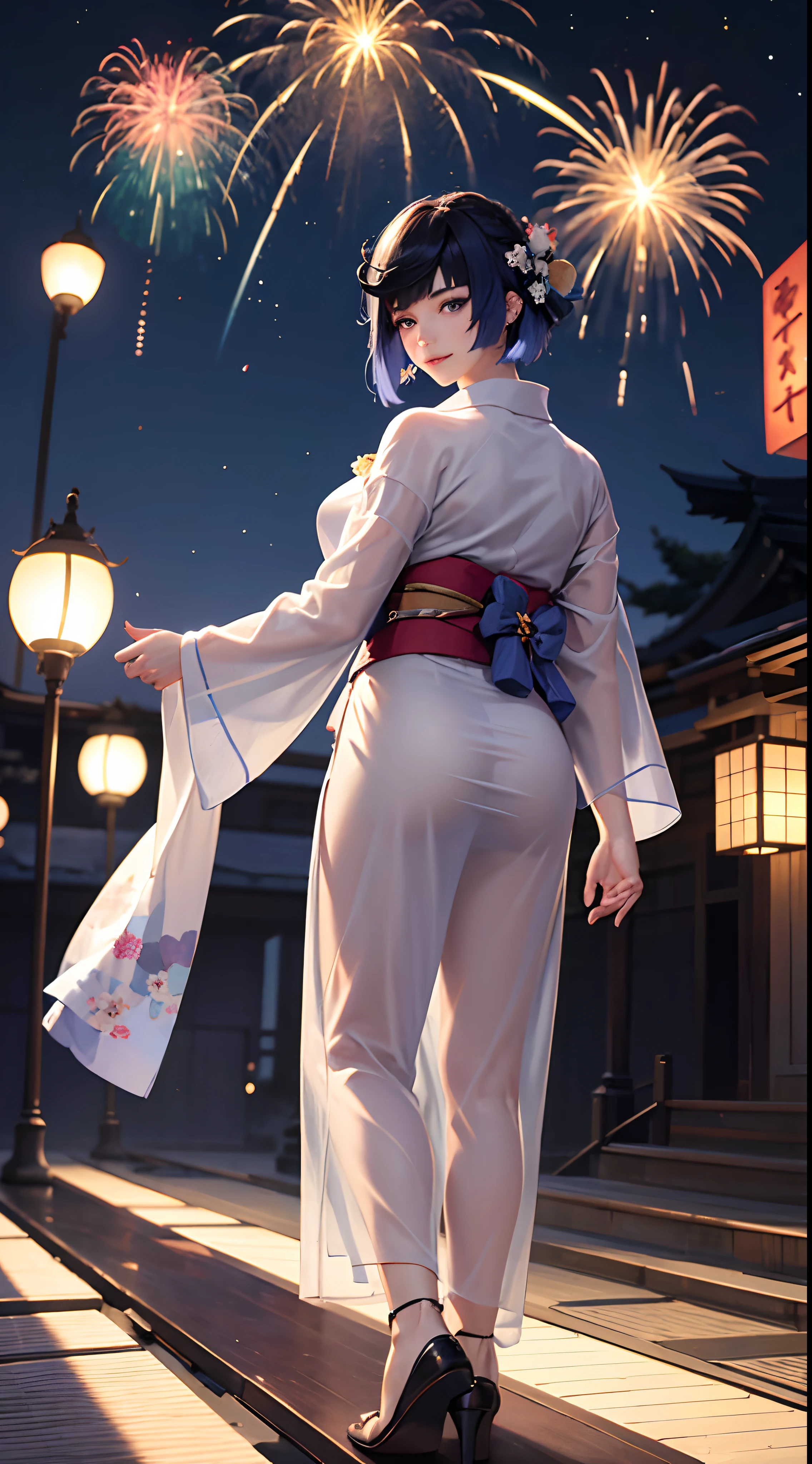 Yelan(genshin impact), wearing a (((yukata))),((transparent)), extremely detailed, masterpiece, realistic anime, 4k, hd wallpaper, blue eyes, smiling, standing, stalls, night sky fireworks, 19 year old girl