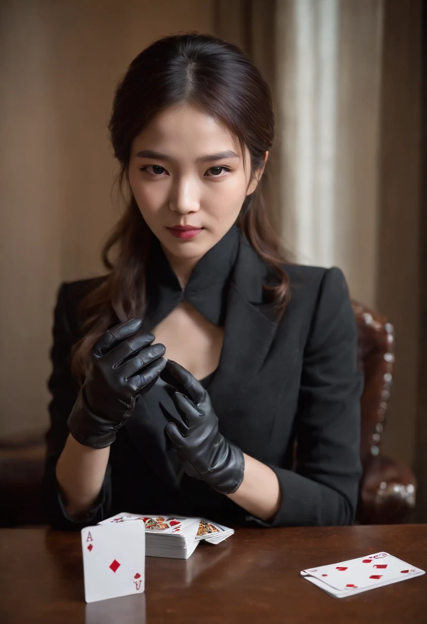 From black suits to shirts、Young Japan woman playing cards with black leather gloves on both hands