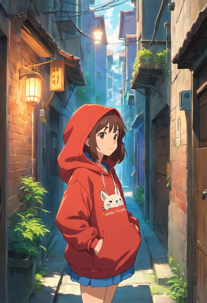 Back alley、Girl in a hood、wearing hoodies