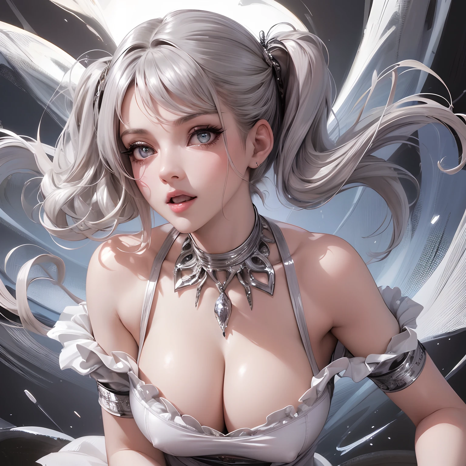 super high image, super detail, super high resolution, adult female, sexy, beautiful, cute, amorous expression, lewd expression, orgasm, light silver glossy braided bangs short hair, sparkling big eyes, double eyelids, huge breasts, abs, tight shirt, cleavage, super mini skirt, professional lighting