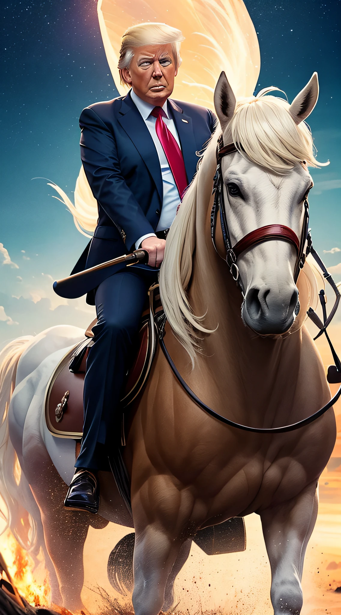 Craft a captivating scene where former President Donald Trump is riding on the back of his majestic unicorn, both exuding an aura of undeniable charm and power, as they embark on an extraordinary journey together