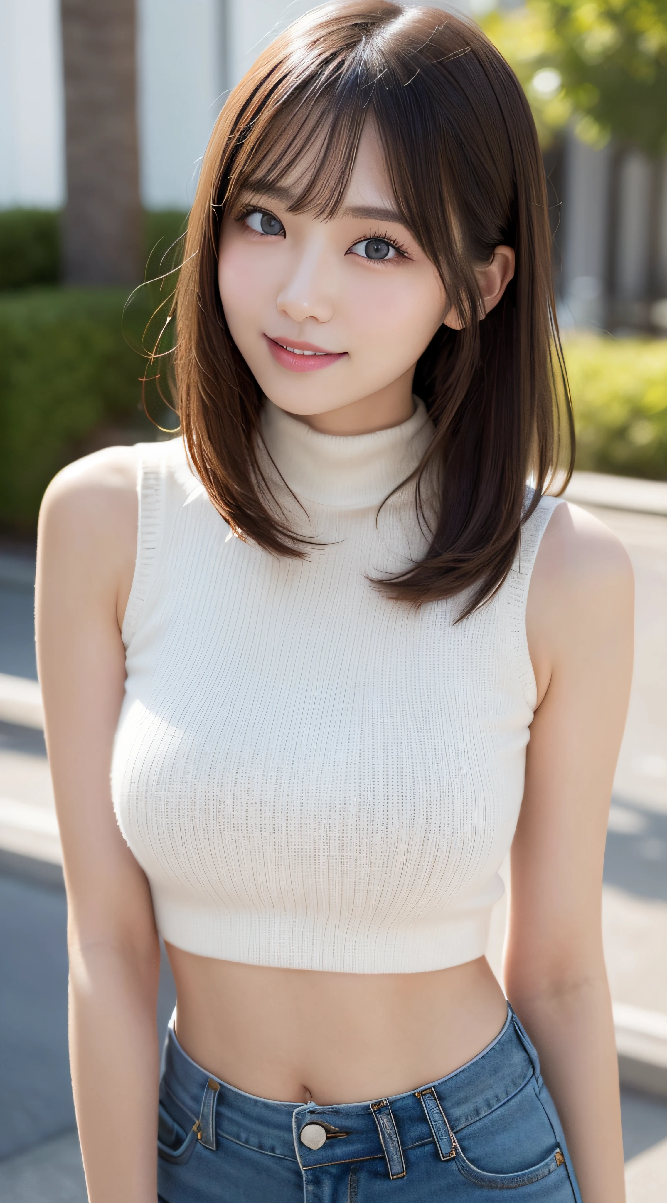 masutepiece, Best Quality, Photorealsitic, finely detail, hight resolution, 8K Wallpapers, Perfect dynamic composition, Beautiful detailed eyes, Medium Hair, large full breasts, Random and sexy poses,Bring your chest together、(Open Chest Mock Neck Crop Tank Top White Knitwear Clear Clave)、(Breast bulge 1.2)、A smile、open open mouth、Resort scenery、25-years old、(Drooping eyes 1.4)、Adult beauty、japanes