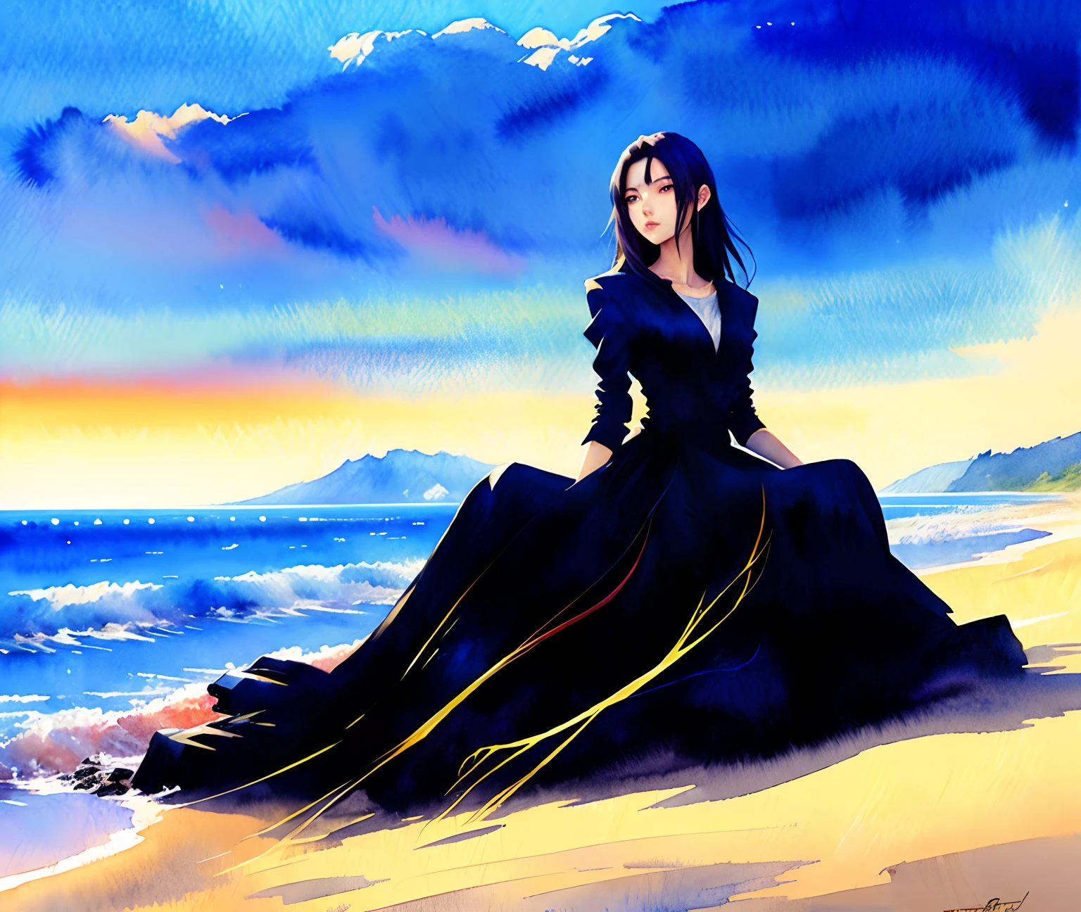 Watercolor, Joseph Zbukvic, beach landscape, michael garmash and rob rey, William Bonnar, rhads watercolor, Vicente Juan Masip, Victor Wang, Victor Meirelles, realistic watercolor, Konrad Grob, Zheng Xie, Song Cai , wu hong, yan liben, a woman in a black dress on the beach, guweiz style artwork, beautiful and charming anime woman, karol bak uhd, guweiz masterpiece, ig model | art bacteria, art bacteria. Anime illustration, guweiz on artstation pixiv, smooth anime CG art, beautiful anime girls