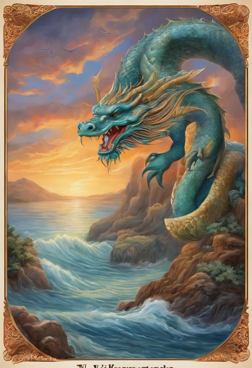 A colorful illustration of the mythical sea monster giant contractors with long hair, dressed in blue and green adorned with golden patterns. She gracefully hovers above an ocean covered in clouds, surrounded by water elements such as waves, fish, bubbles, and marine creatures, all rendered in intricate details and vibrant colors. The background features auspicious cloud motifs and traditional symbols like mountains and suns, creating a harmonious atmosphere in the style of Chinese illustrations