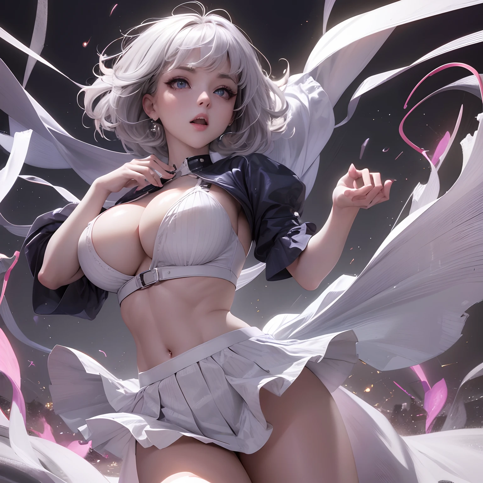 super high image, super detail, super high resolution, adult female, sexy, beautiful, cute, amorous expression, lewd expression, orgasm, light silver glossy braided bangs short hair, sparkling big eyes, double eyelids, huge breasts, abs, tight shirt, cleavage, super mini skirt, professional lighting