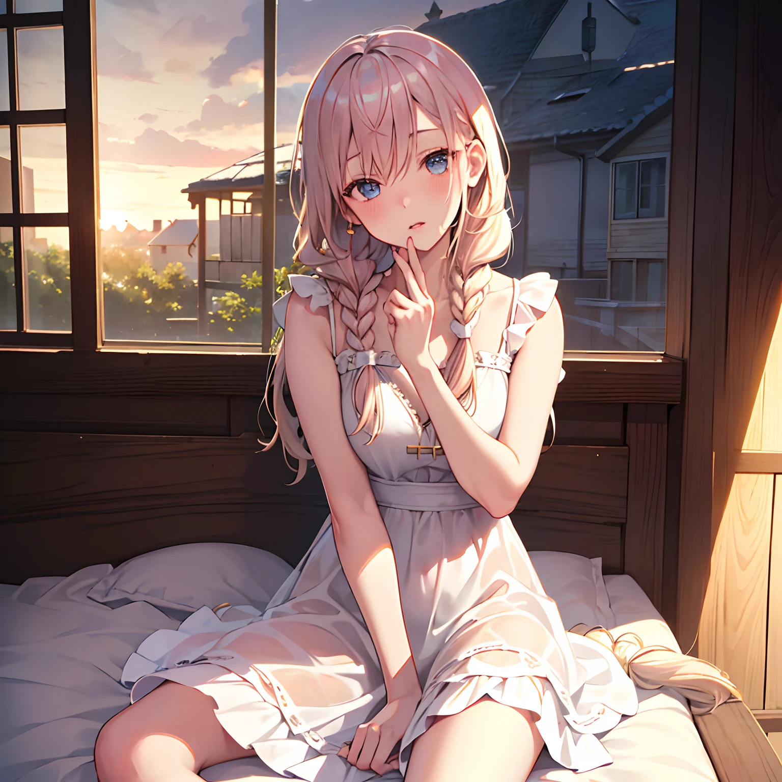 (8K,masutepiece、Best Quality)Young Nordic Woman, Cute face, Seductive, Best Quality, masutepiece, Translucent summer dress, the golden hour, Detailed textures, Long braided hair, sitting on a bed, Posing, Casual pose, Wood Cottage, interiors, [blush], Aesthetic, Convoluted, Caustics, llight rays, Sunlight, (((Soft lips))), (((Glossy lips))), Highly detailed, (Semi-realistic:1.2), Niradev, Milk tea colored hair