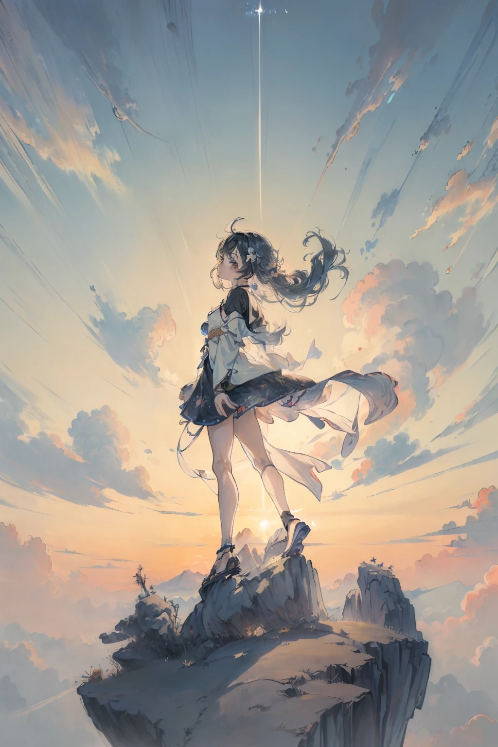 Anime girl standing on a rock against circular light background, anime style 4 k, Anime art wallpaper 8k, anime girl with cosmic hair, anime art wallpaper 4k, anime art wallpaper 4k, anime wallpaper 4 k, anime wallpaper 4k, ethereal anime, 4k anime wallpaper, anime moe art style, anime epic artwork, anime lighting、NSFW, (8K, Raw photography, top-quality, ​masterpiece:1.2), (realisitic, Photorealsitic:1.37), ultra-detailliert, 1 rapariga, 独奏, cute little, Beautiful detailed sky,nigh sky