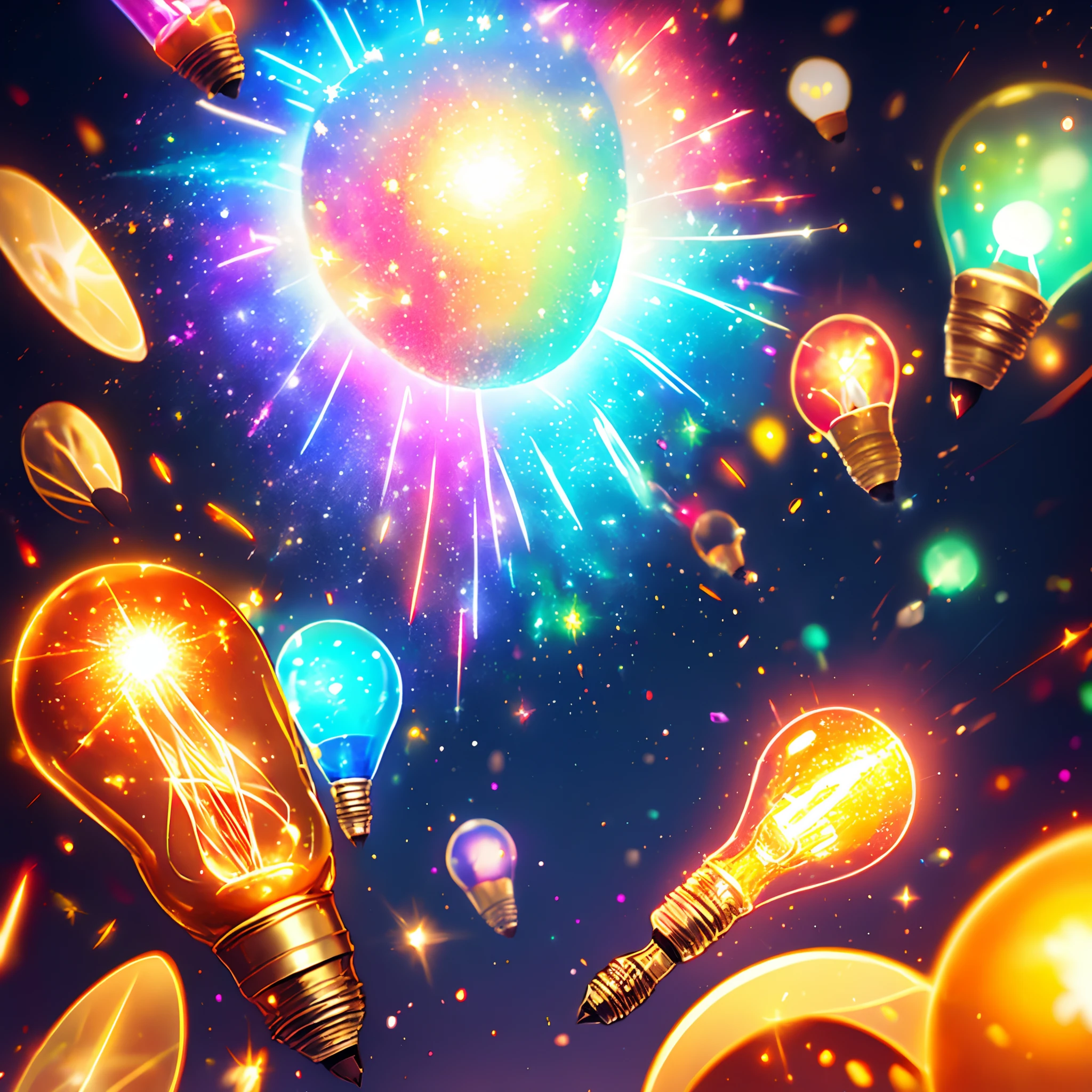 light bulb, explosion of brilliant light bursts from the light bulb, enlightenment, new idea, vivid colours, epic fantasy, joy