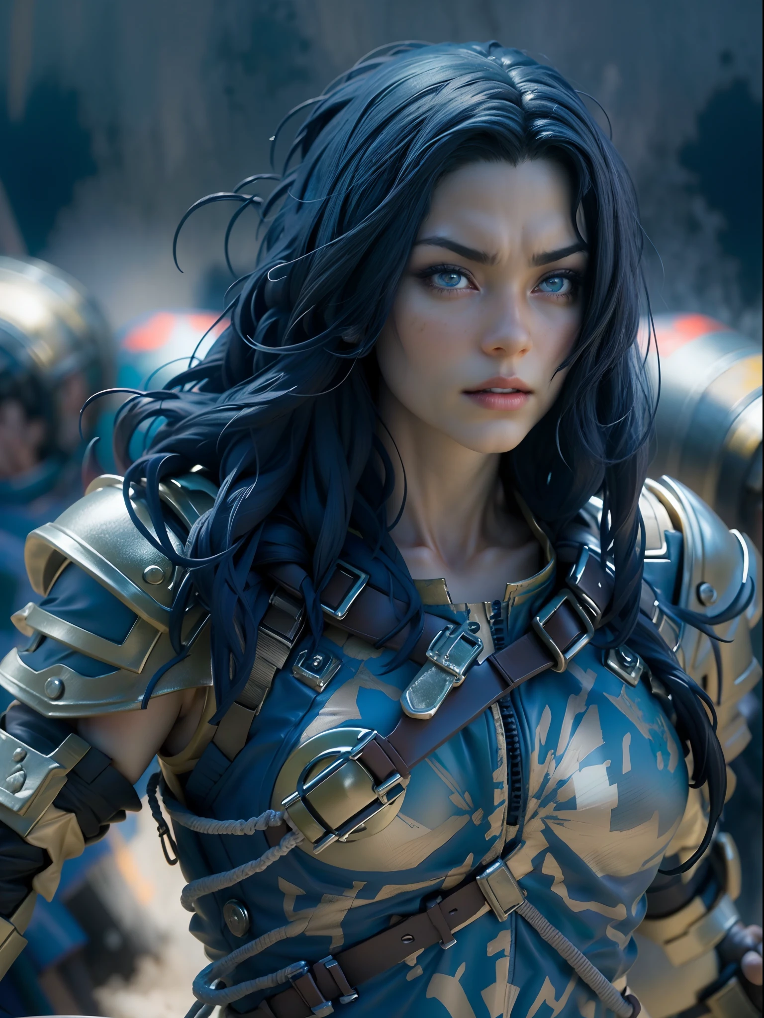 An action figure of a charismatic dark blue hair goddess woman dressed as a glad warrior holding a sword, by hot toys, sakimichan, gorgeous, beautiful cute face, blue anime eyes, gladiator, roman gladiator, in screenshot from the 300 movie, gladiator wearing space suit, gladiator armor, dressed in spartan armour, standing on the field of battle,cinematographic, ((Fisheye-shot)) close-up of a girl villain,, apocalypse Scenery: gladiators , action film, detailed, film grain, grainy,