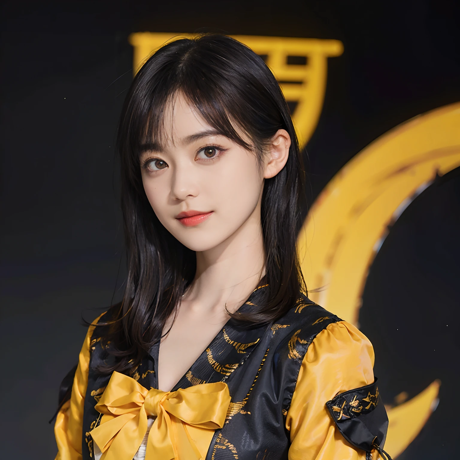 ((1womanl)),  (((Black shorthair))), （masuter piece：1,3）、top-quality、​masterpiece、hight resolution、Original、highly detailed wallpaper、jeans、Large ribbon, (A slight smil)、a small face、((Chest chest))、(Tiger Print T-Shirt)、(Yellow and black clothes)、(Light on Face)、Live-action style, Beautiful facial features, darkened room, Gunman Shot