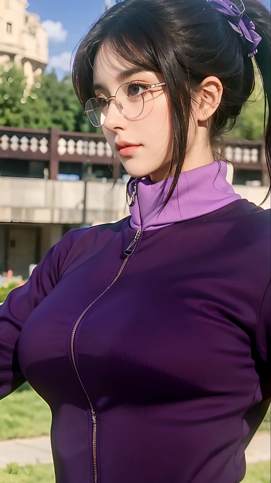 masterpiece, best quality, beatiful girl,big breasts,long hair,sacramento colours hair,brown eyes,purple suiter,purple eye glasses