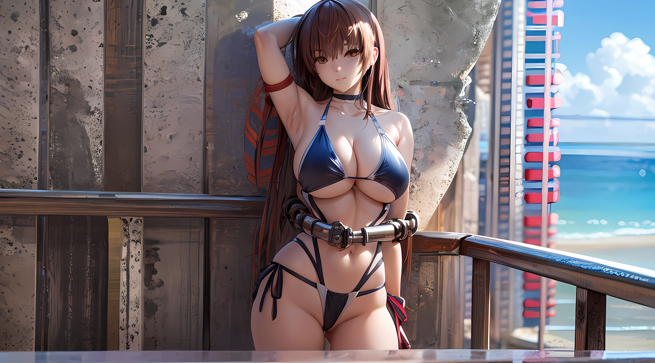 Anime girl in bikini posing for photo in front of wall, oppai, Ecchi, Ecchi anime style, oppai proportions, hololive, wearing a swimming wear, Ecchi style, nagatoro, realistic bikini, standing near the beach, biomechanical oppai, highly_Detailed!!, High resolution!!, in beach, Bottom Angle