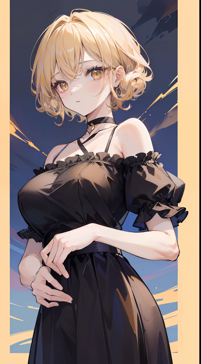 sideview,1 Girl、solo、skinny,Black Choker,Earrings,Big cleavage、Off-the-shoulder tight sweater mini dress,Accurate and detailed human body、
 Cute pose、(((Open your mouth))), Heavy breathing , (aheghentai face:1.5), 
Blonde pixie short hair、