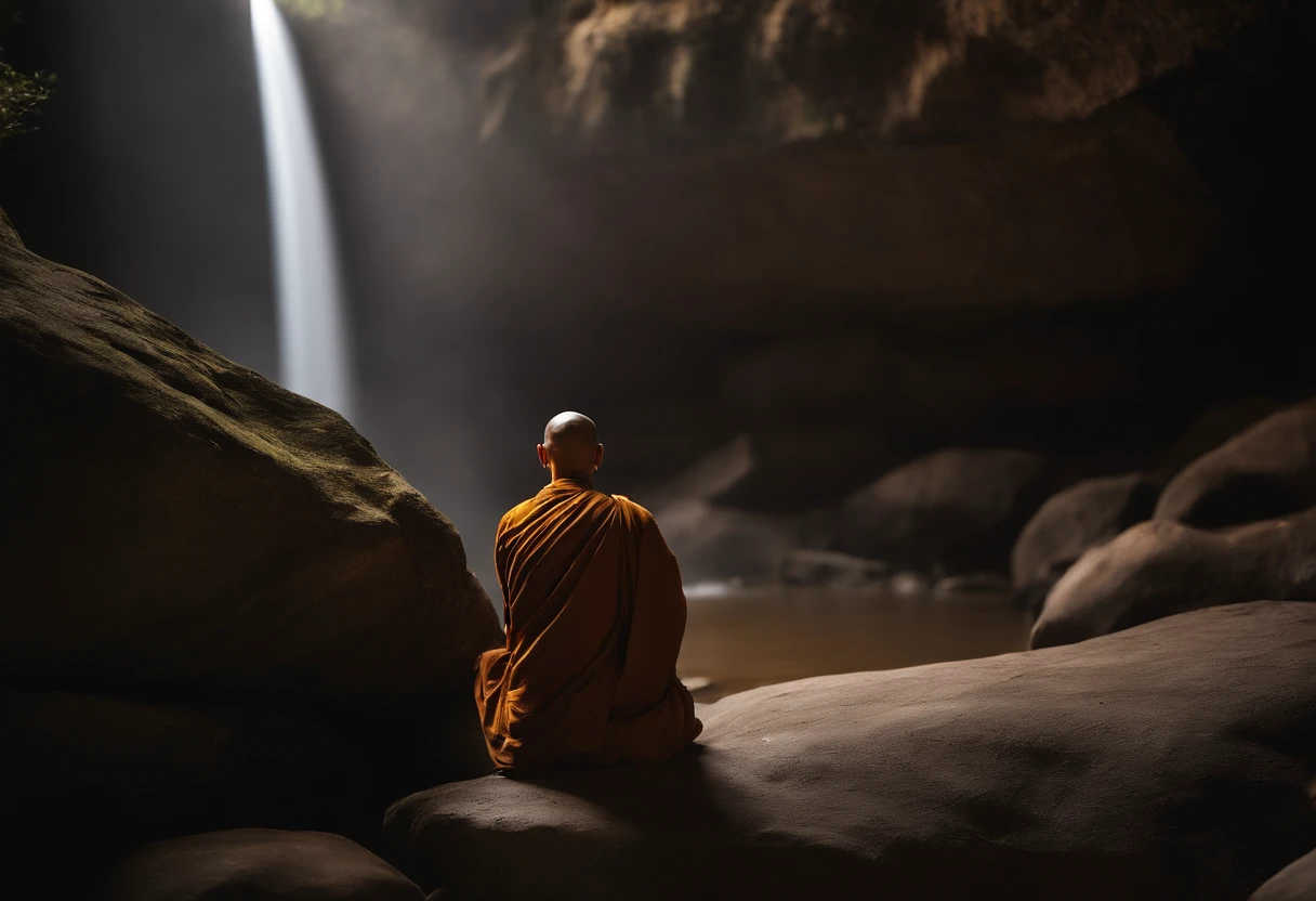 An old monk sits on a large rock.，The monk is very old.，（Pray in a lotus pose），Buddhist Buddhist Meditation, On the road to enlightenment, Human beings have a deep relationship with God., Zen meditation,Brown Dresses，(back perspective)，from behind，Rear corner，Large Light，Buddhism，beautiful image，Epic Movie Shoot，Ultra realsisim images，In the cave，