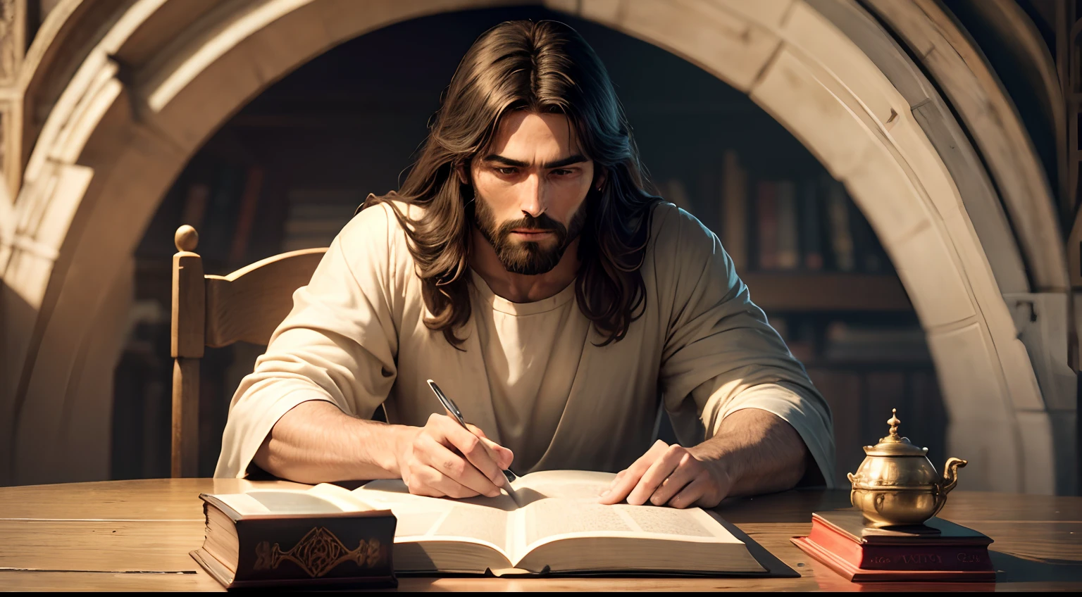 JESUS READING FROM A LARGE BIBLE ON AN ANTIQUE TABLE ULTRA REALISTIC 8K
